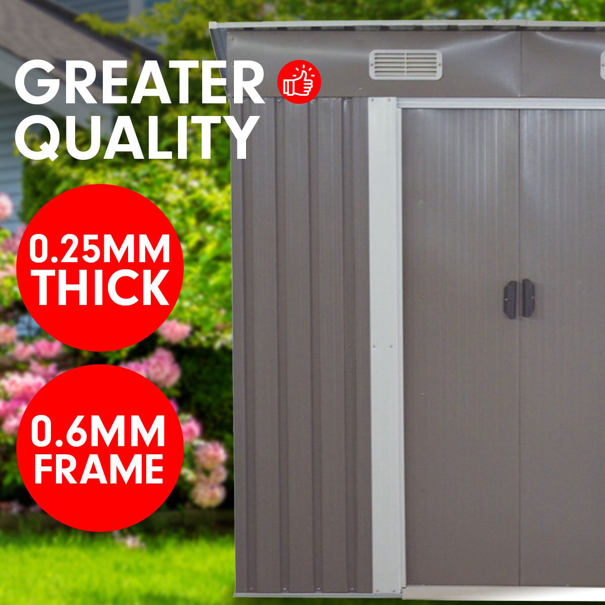 Grey metal garden shed door and frame with vertical panels, front corner close-up