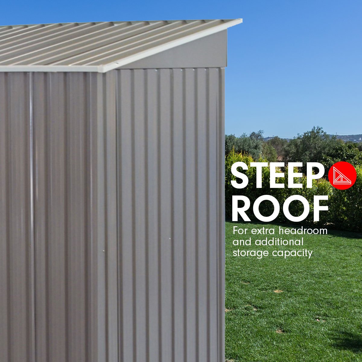 Grey metal garden shed side wall with ribbed panels and raised roof edge