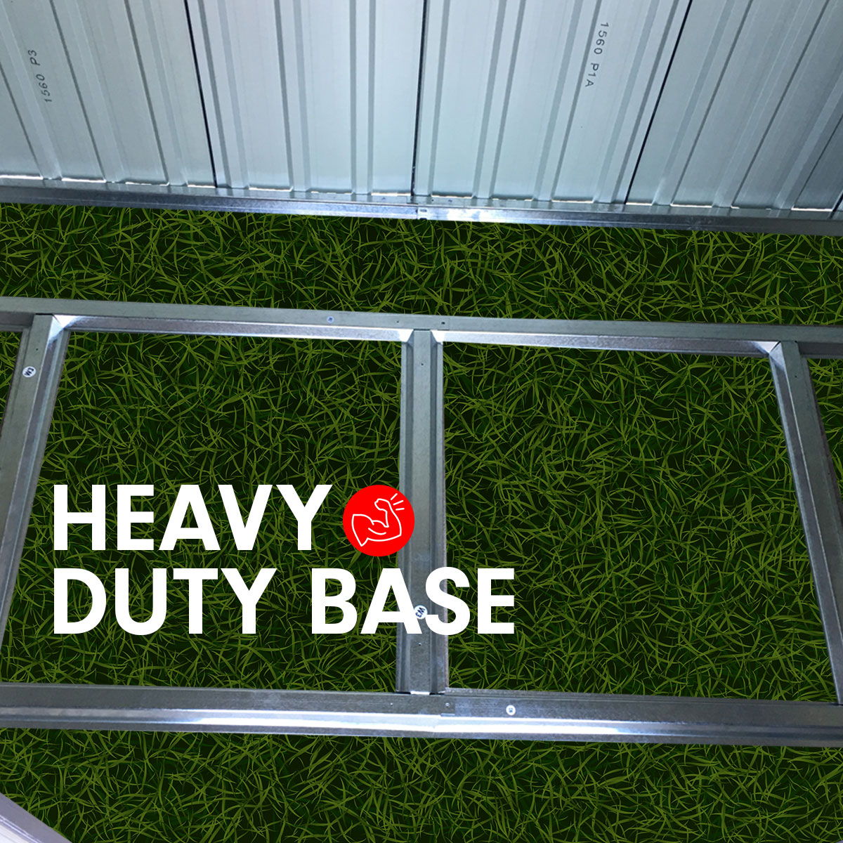 Metal base frame of grey garden shed with interior panels and corner supports