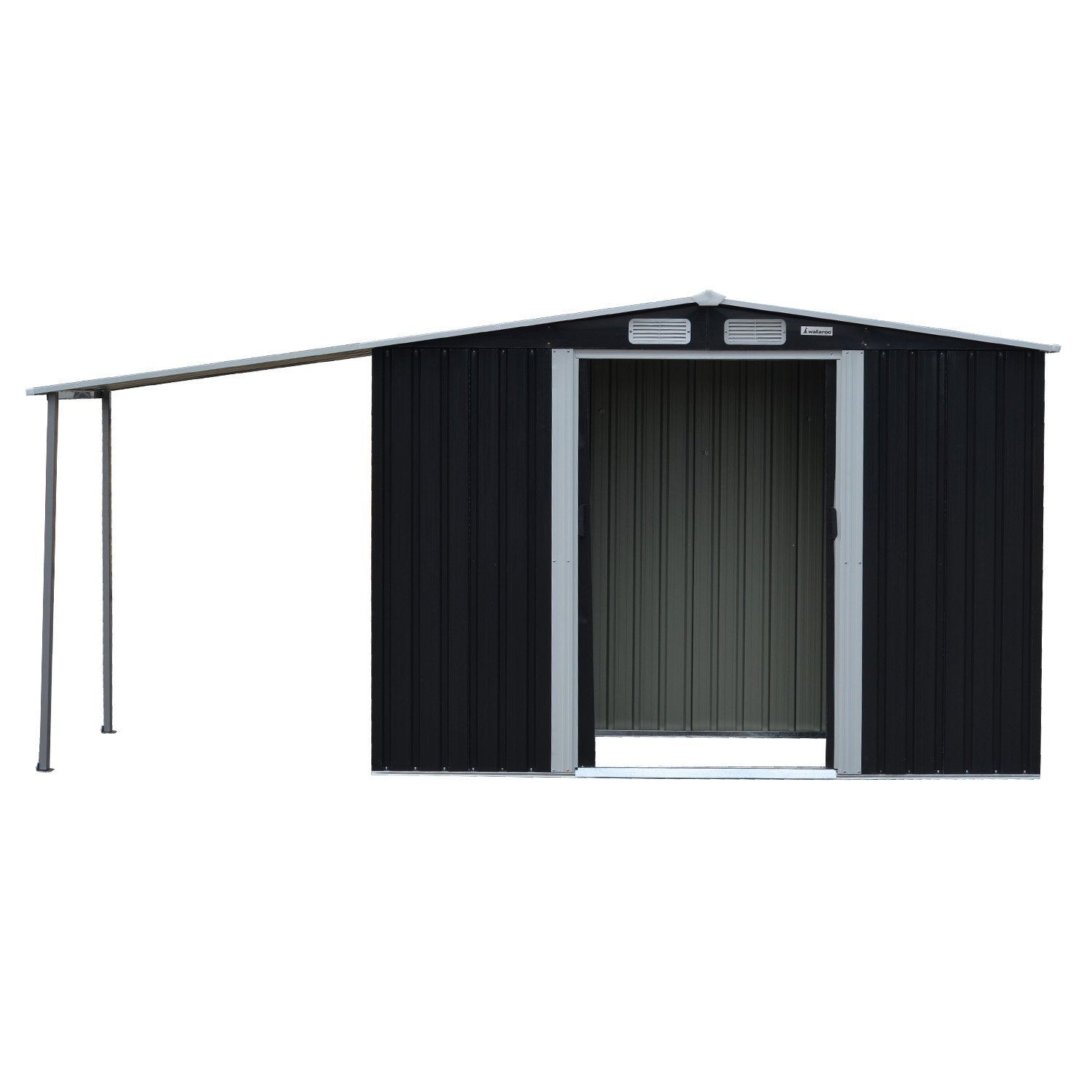 Black metal garden shed with open front doorway and pitched roof