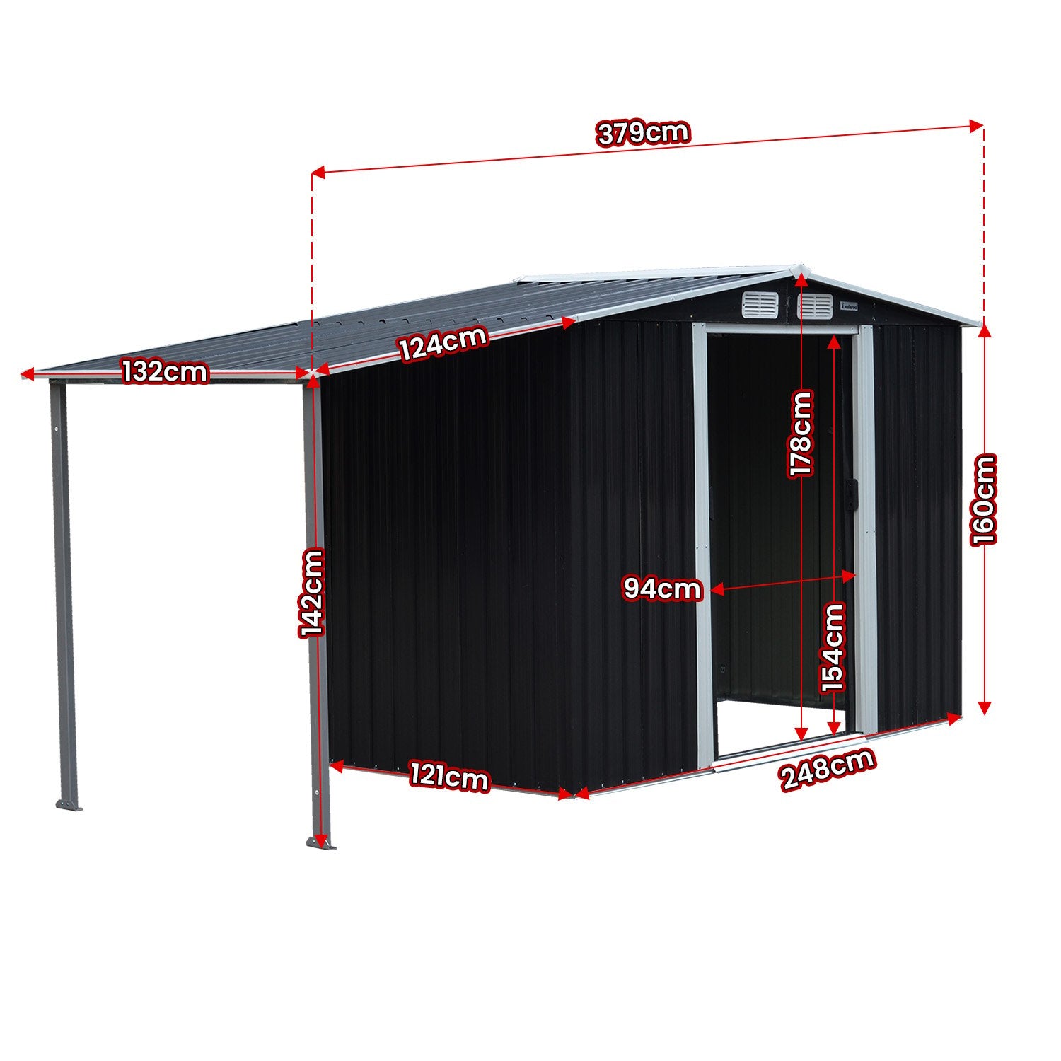 Black metal garden shed dimension diagram with open front door and side supports