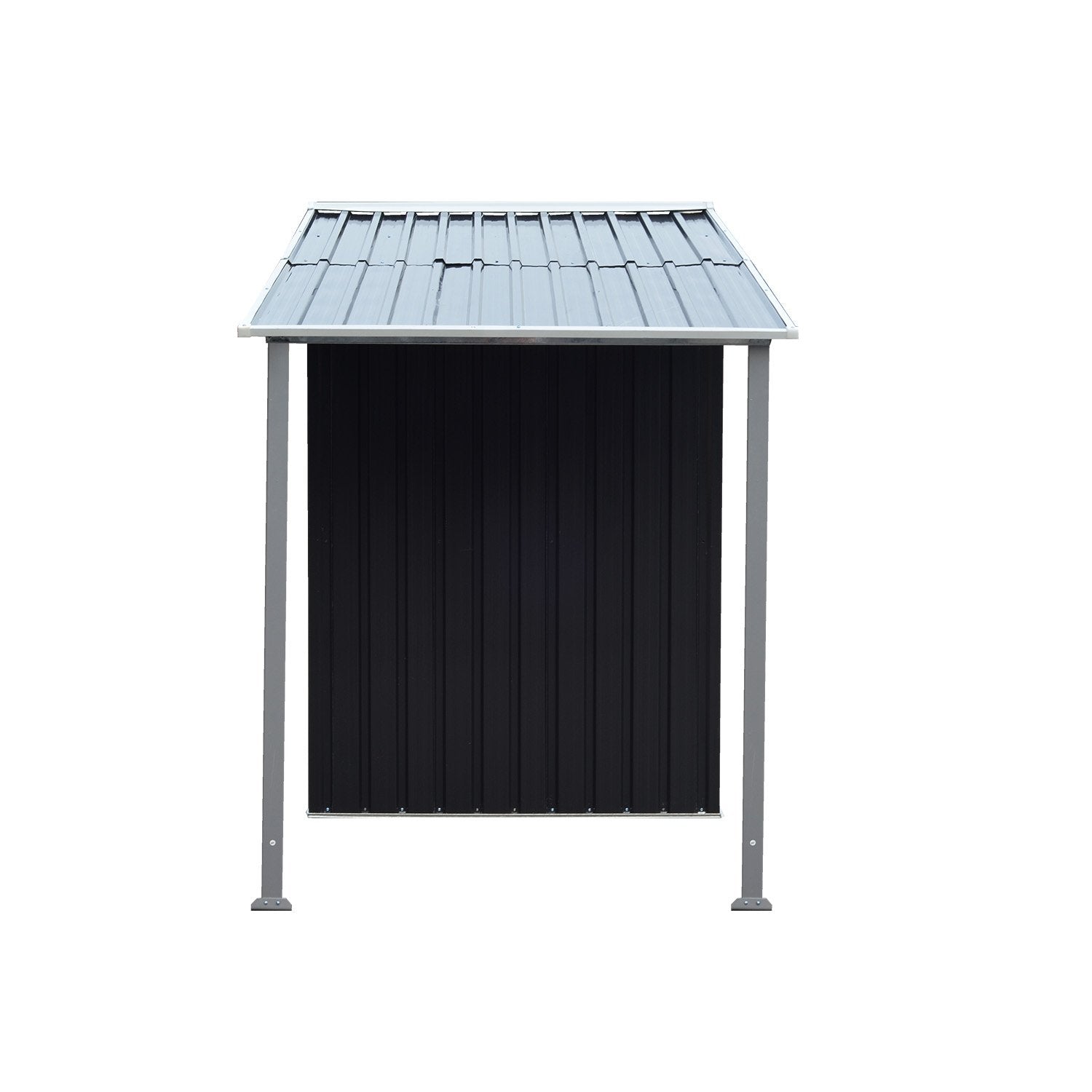 Black metal garden shed with open front panel and pitched roof