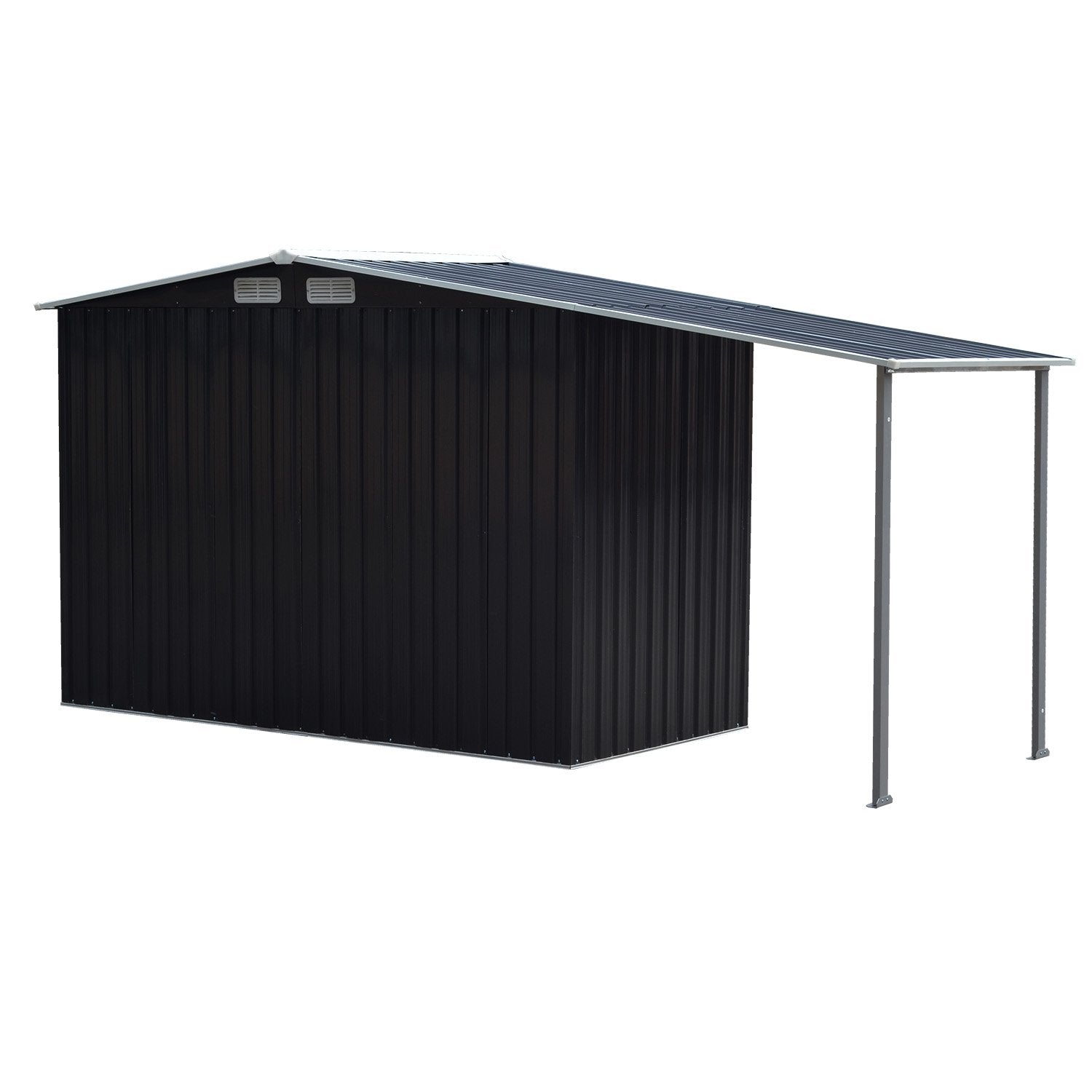 Black metal garden shed with side overhang and vertical support posts