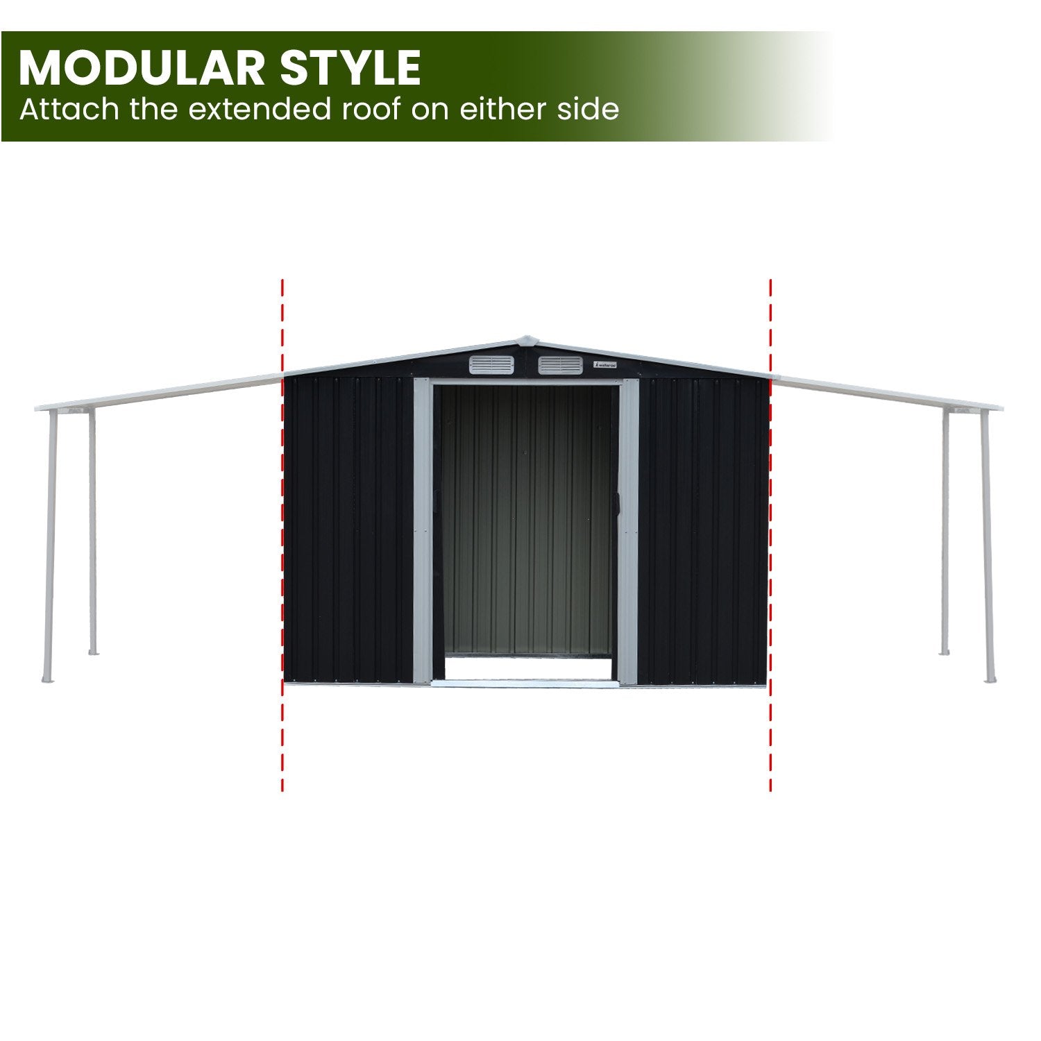 Black metal garden shed with open front and extended roof sides