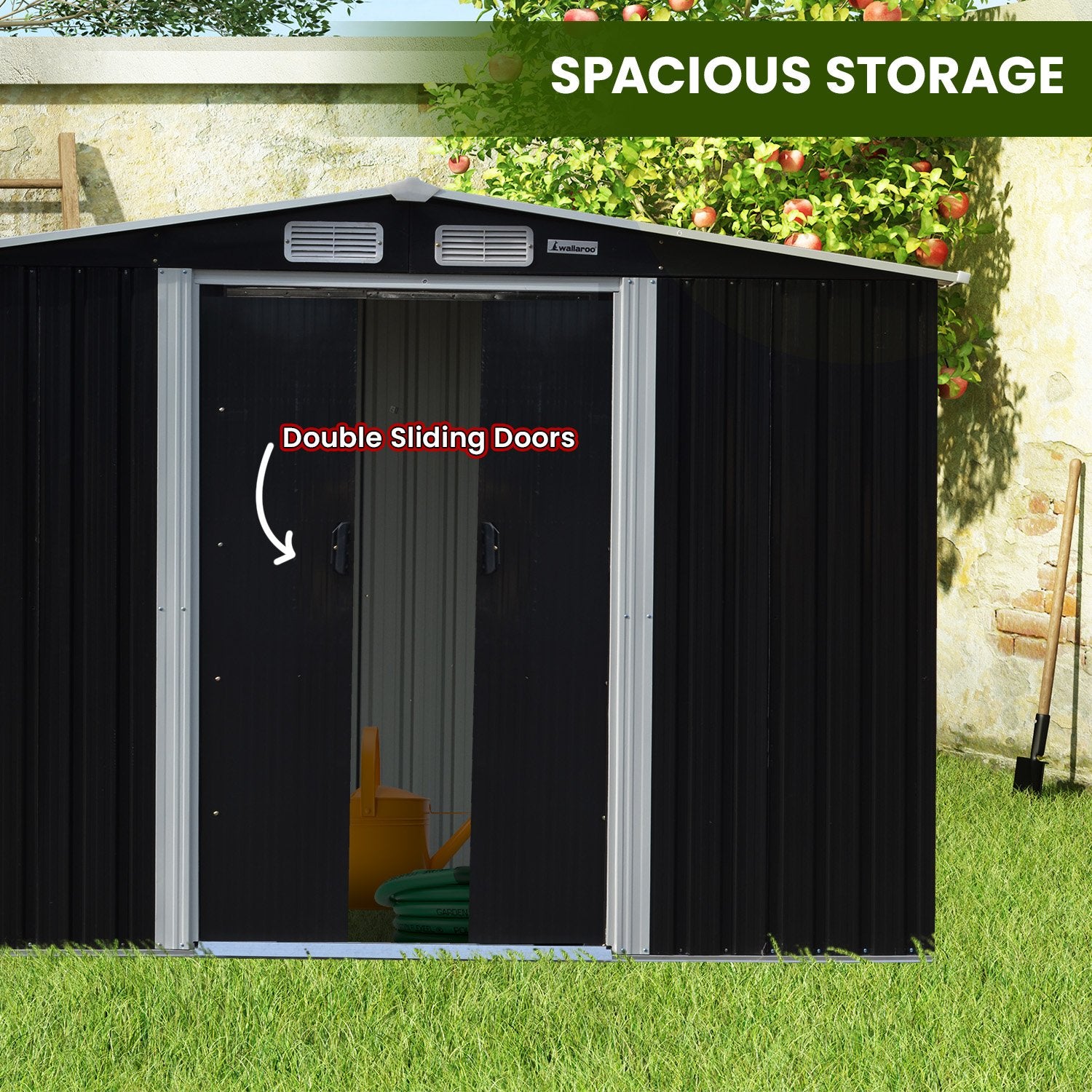 Black metal garden shed with double sliding doors and roof ventilation vents