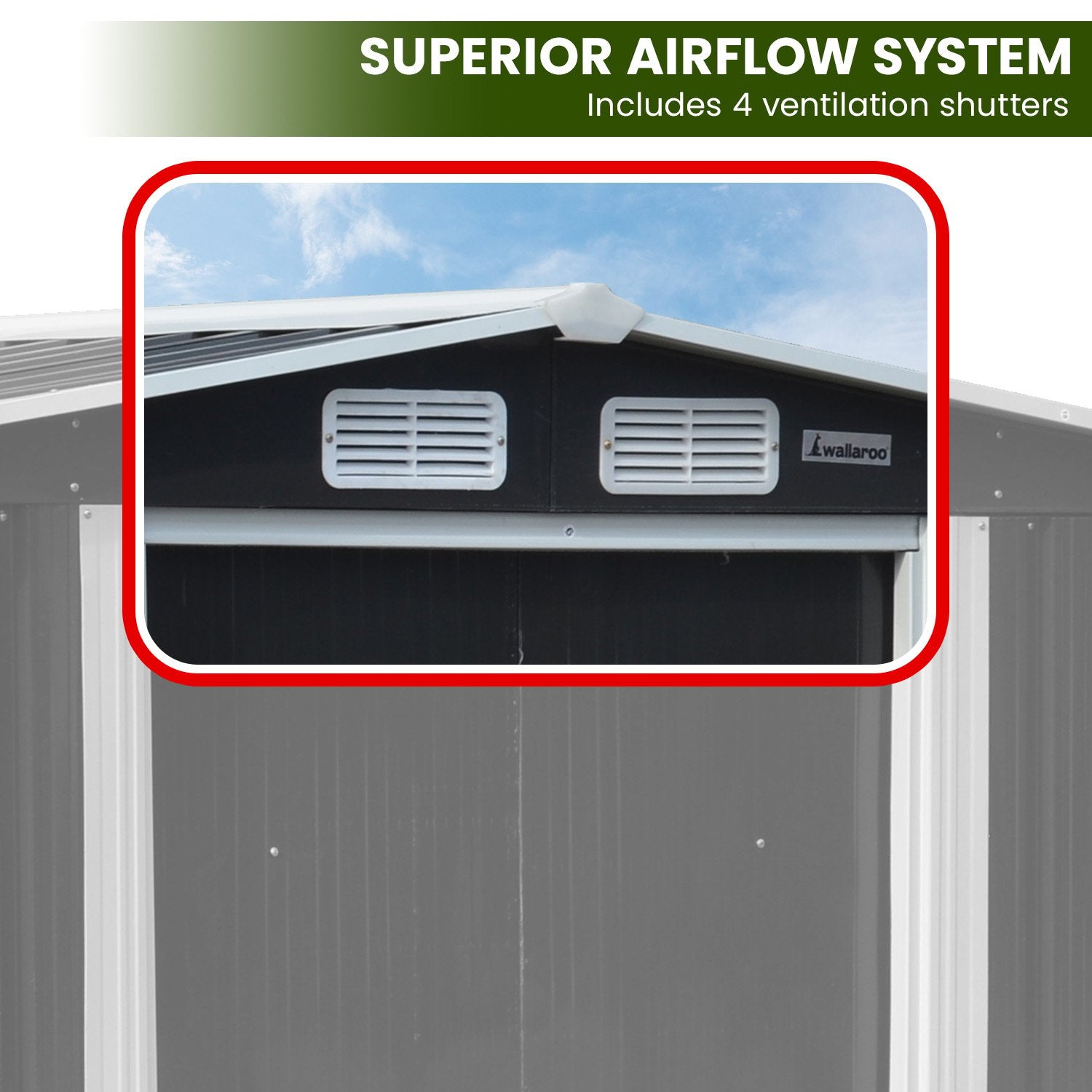 Black metal garden shed roof with ventilation shutters