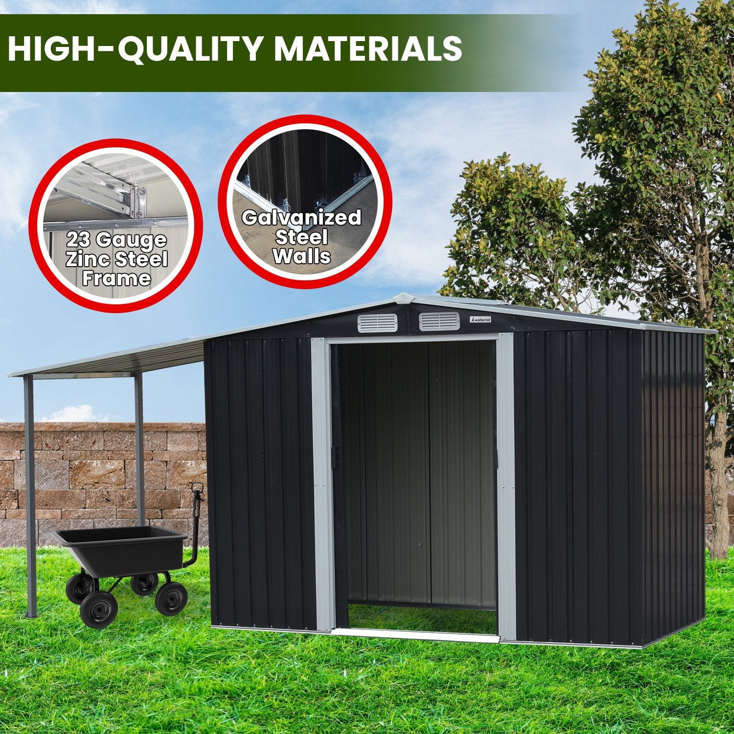Black metal garden shed with open front doors and roof ventilation vents
