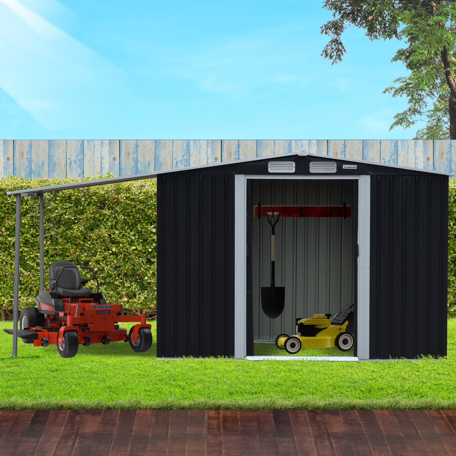 Black metal garden shed with open front and enclosed storage area