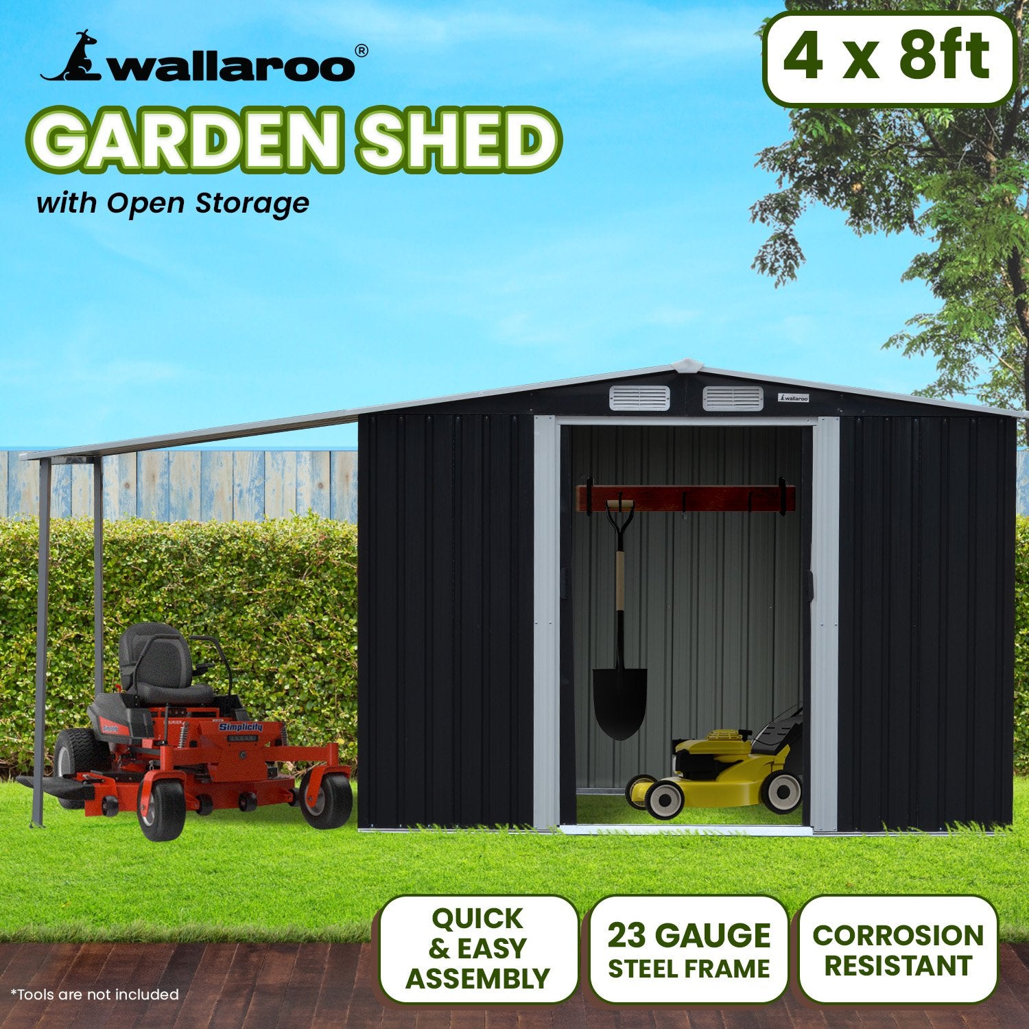 Black steel garden shed with open storage entrance and gray interior floor
