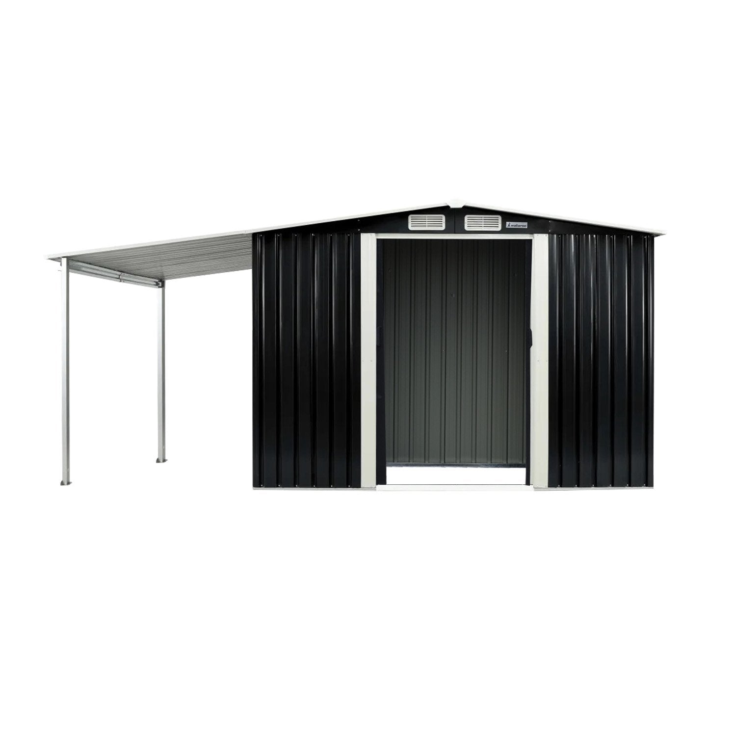 Black metal garden shed with double sliding doors and open side storage frame