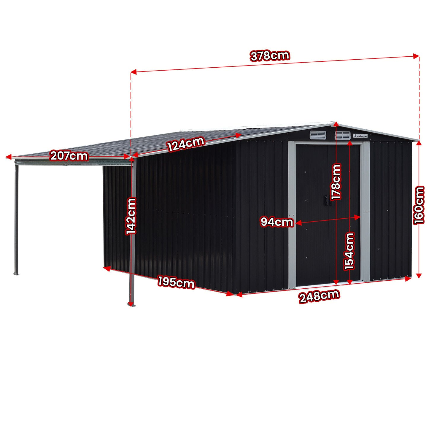 Black metal garden shed with open storage and labeled dimensions diagram