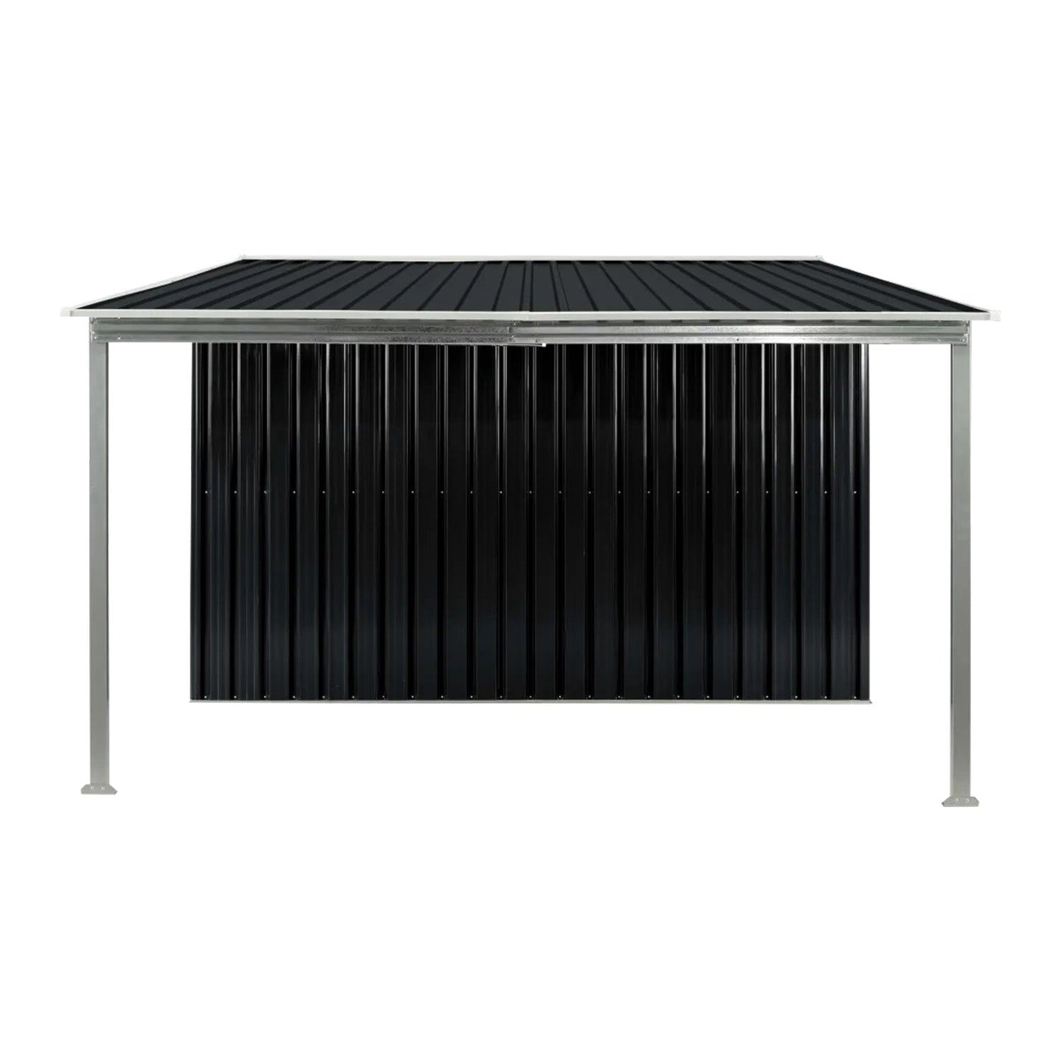 Black metal garden shed with open front and silver support legs