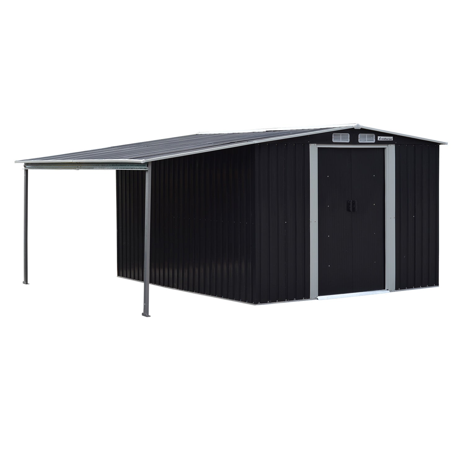 Black metal garden shed with double sliding doors and covered open storage area