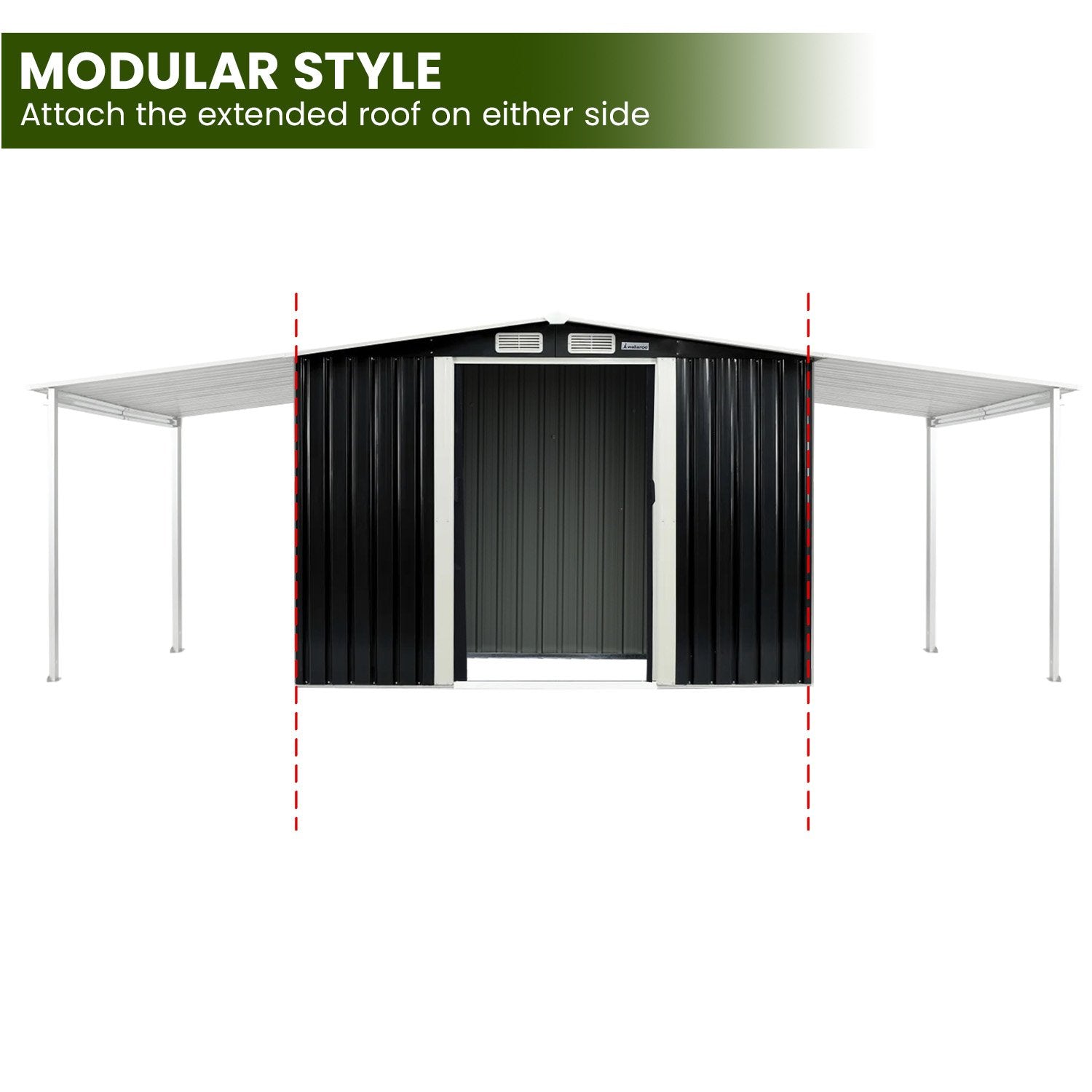 Black metal garden shed with double sliding doors and open storage on either side