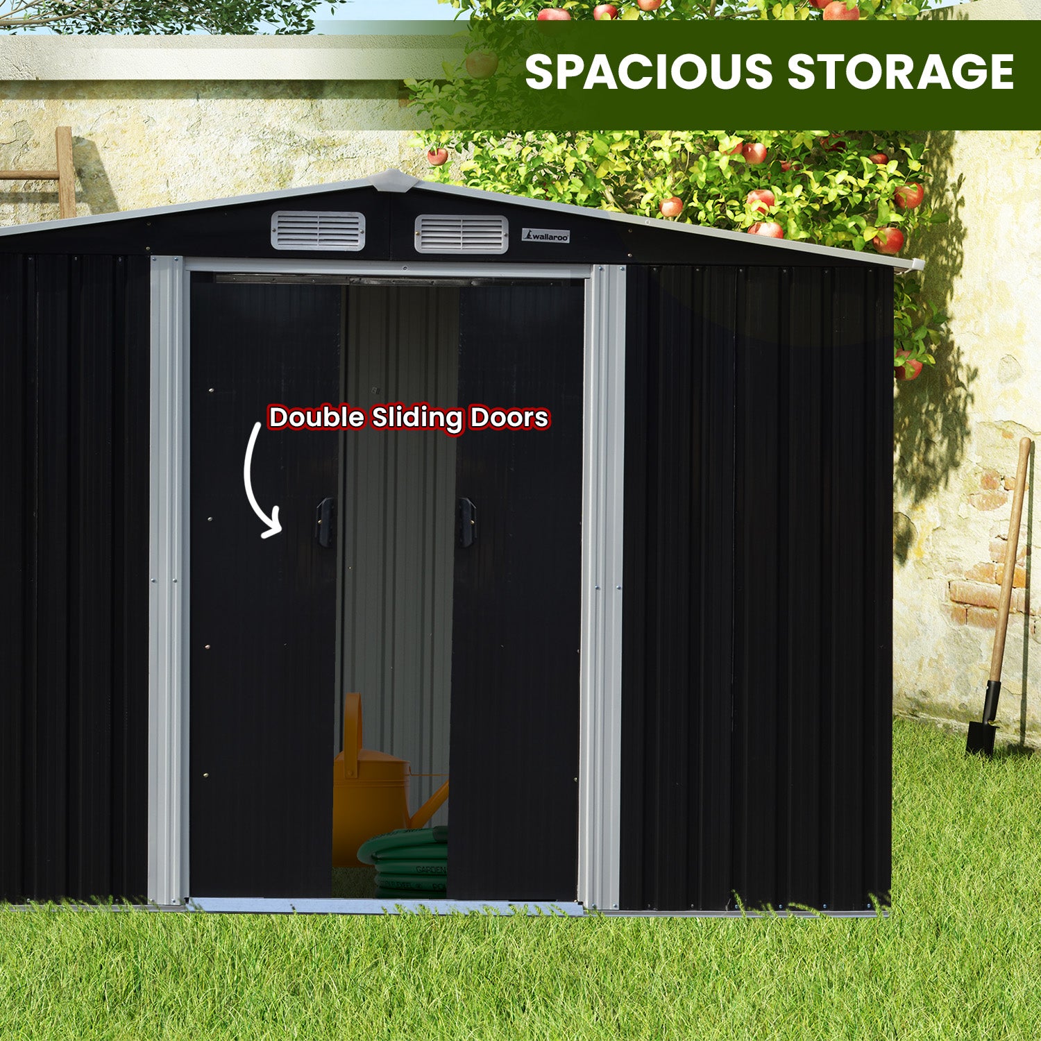 Black metal garden shed with double sliding doors and open entry