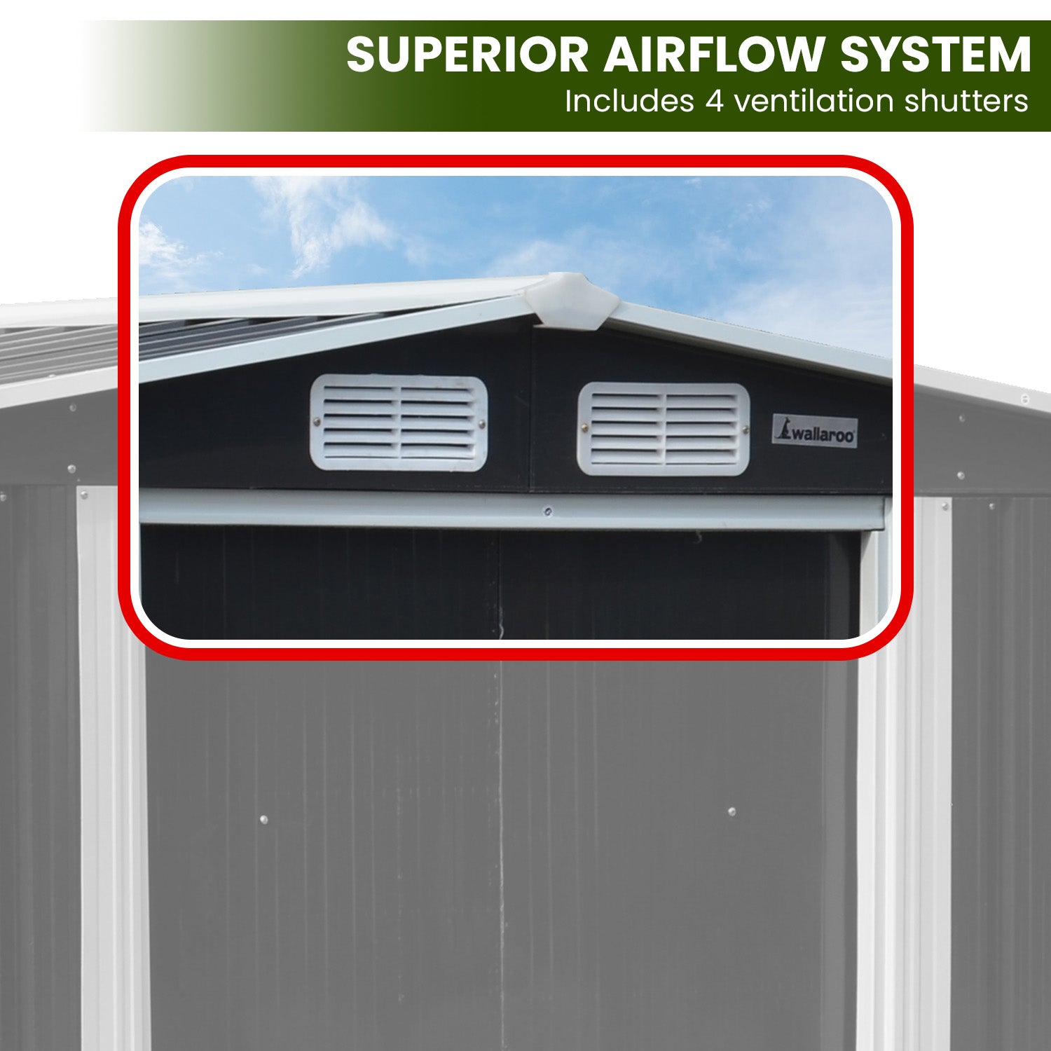 Black metal shed roof with two ventilation shutters and ridge panel