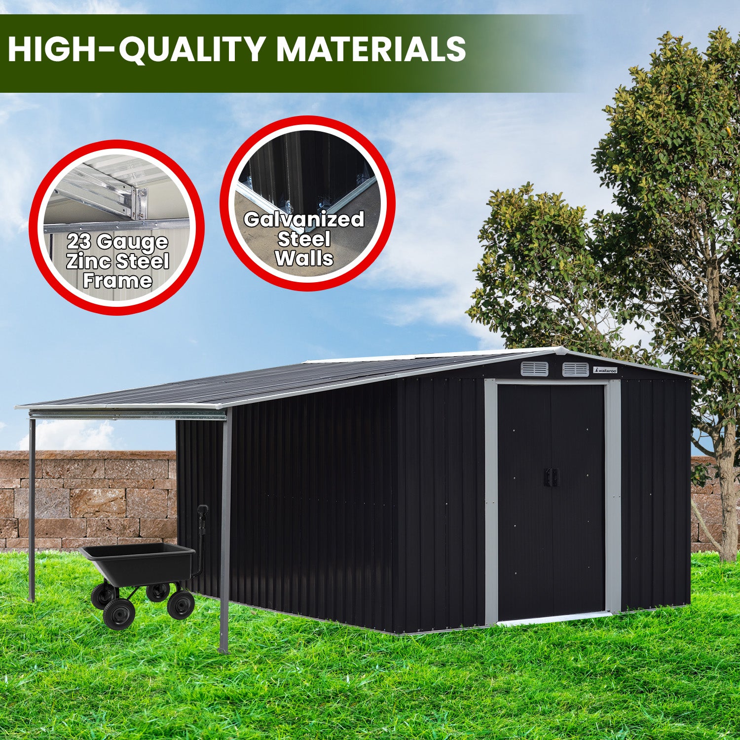 Black metal garden shed with double sliding doors and silver frame supports