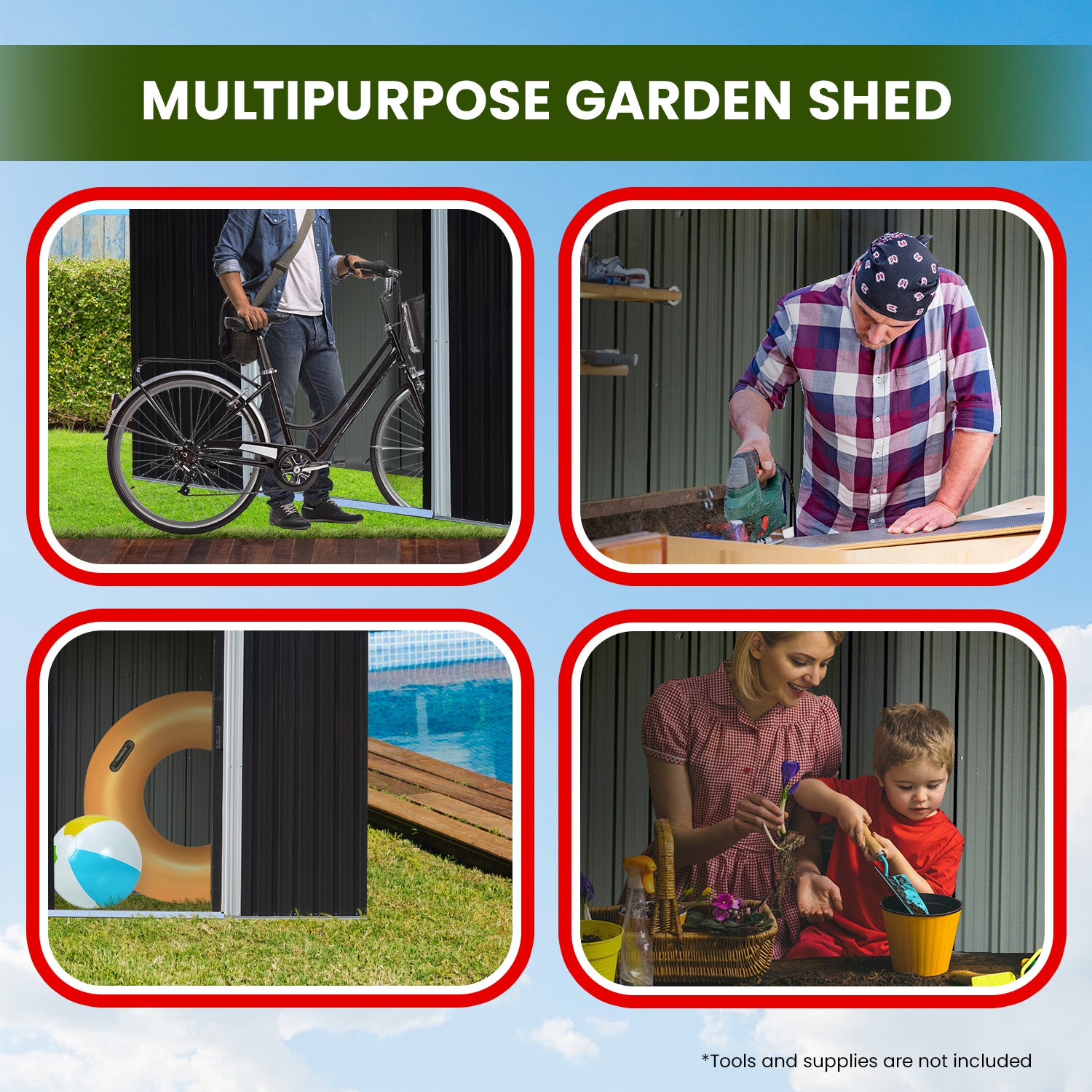 Black metal garden shed with double sliding door opening and storage space