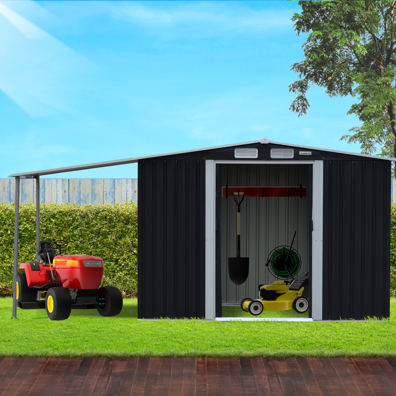 Black metal garden shed with open double sliding doors and yard tools inside