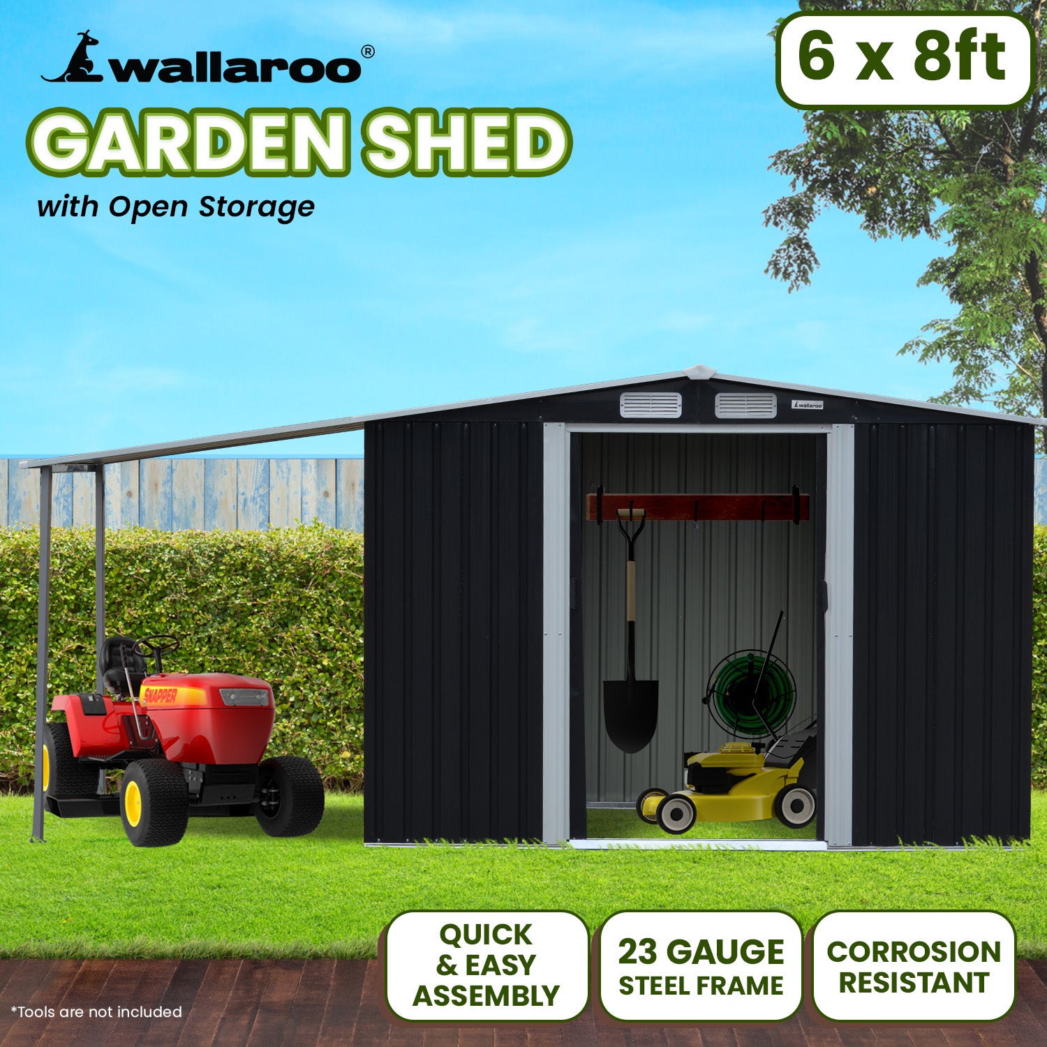 Black metal garden shed with open storage and double doors, 6x8 ft