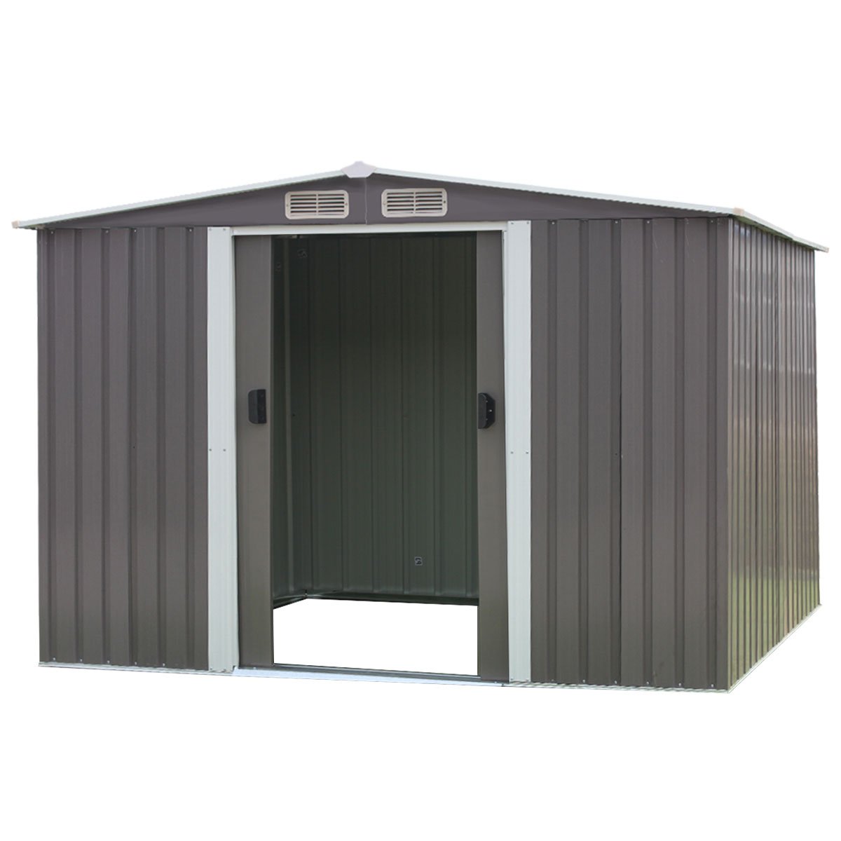 Grey metal outdoor storage shed with double doors and slanted spire roof