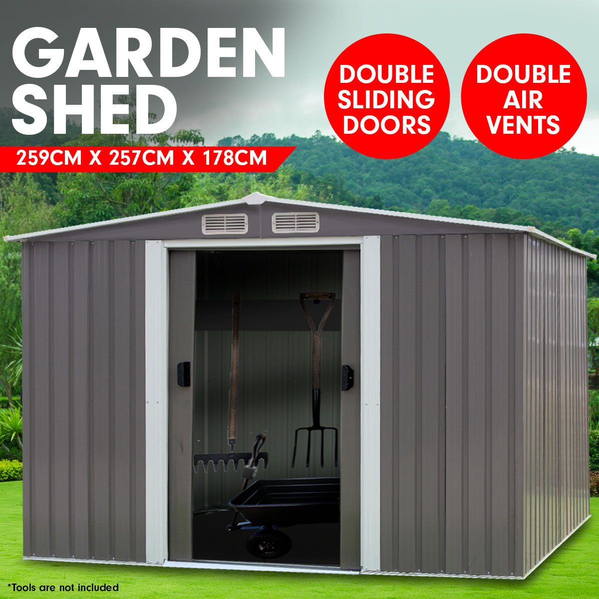 Grey outdoor storage shed with open double doors and two roof vents