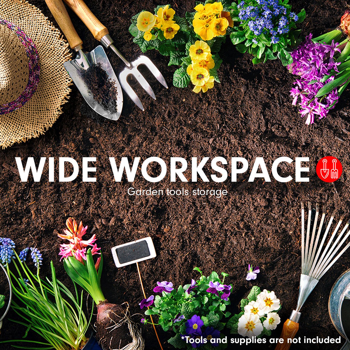 Garden shed storage space with hand tools and flowers on soil