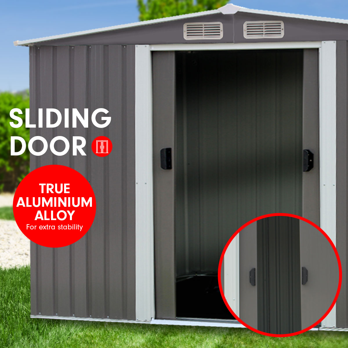 Grey outdoor storage shed with sliding door opening and metal latch hardware