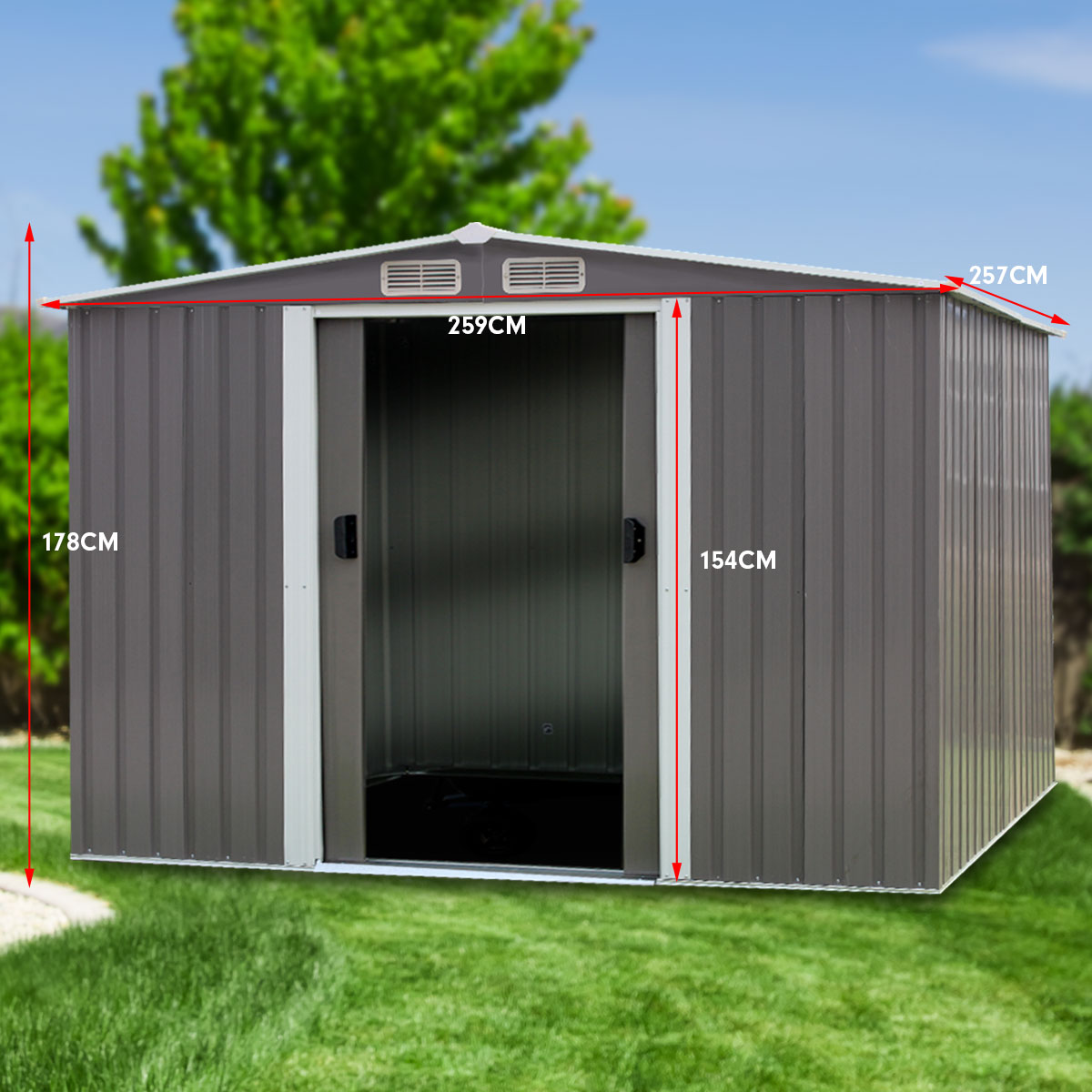 Grey outdoor storage shed with open double doors and two side wall panels