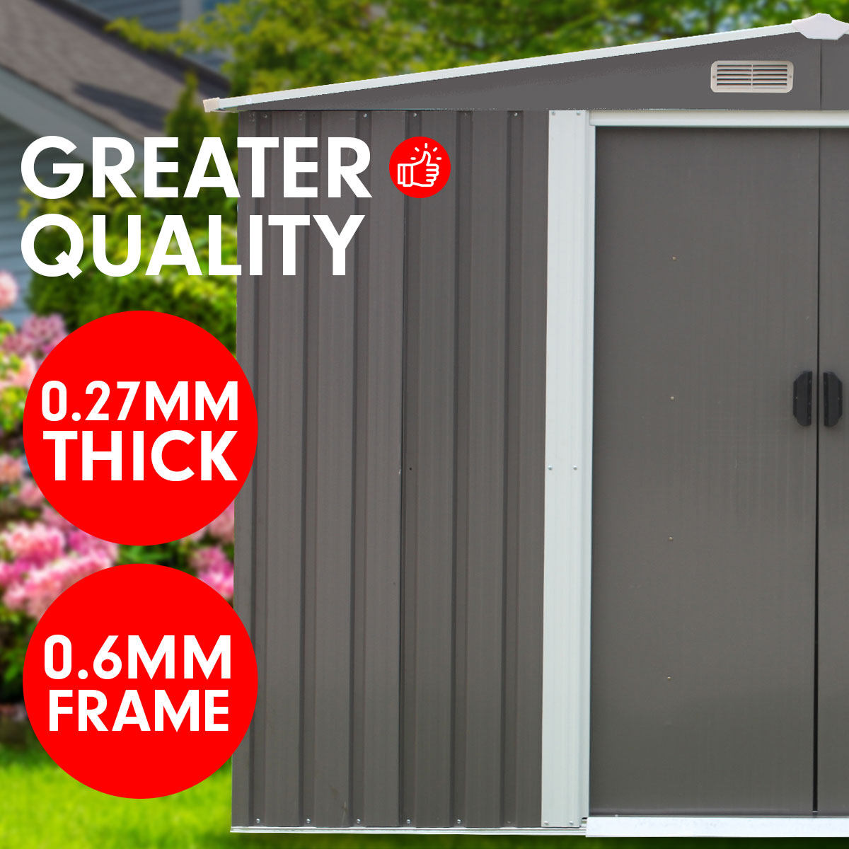 Grey outdoor storage shed with door and side panels plus roof ventilation vents