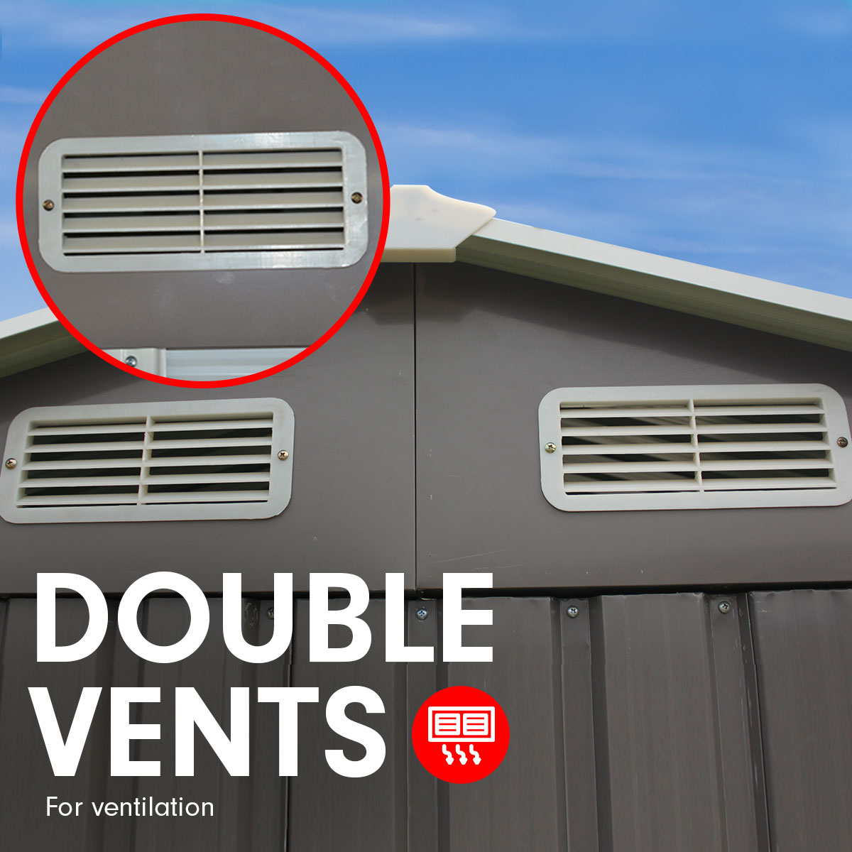 Grey roof ventilation vents on outdoor storage shed near spire roof edge