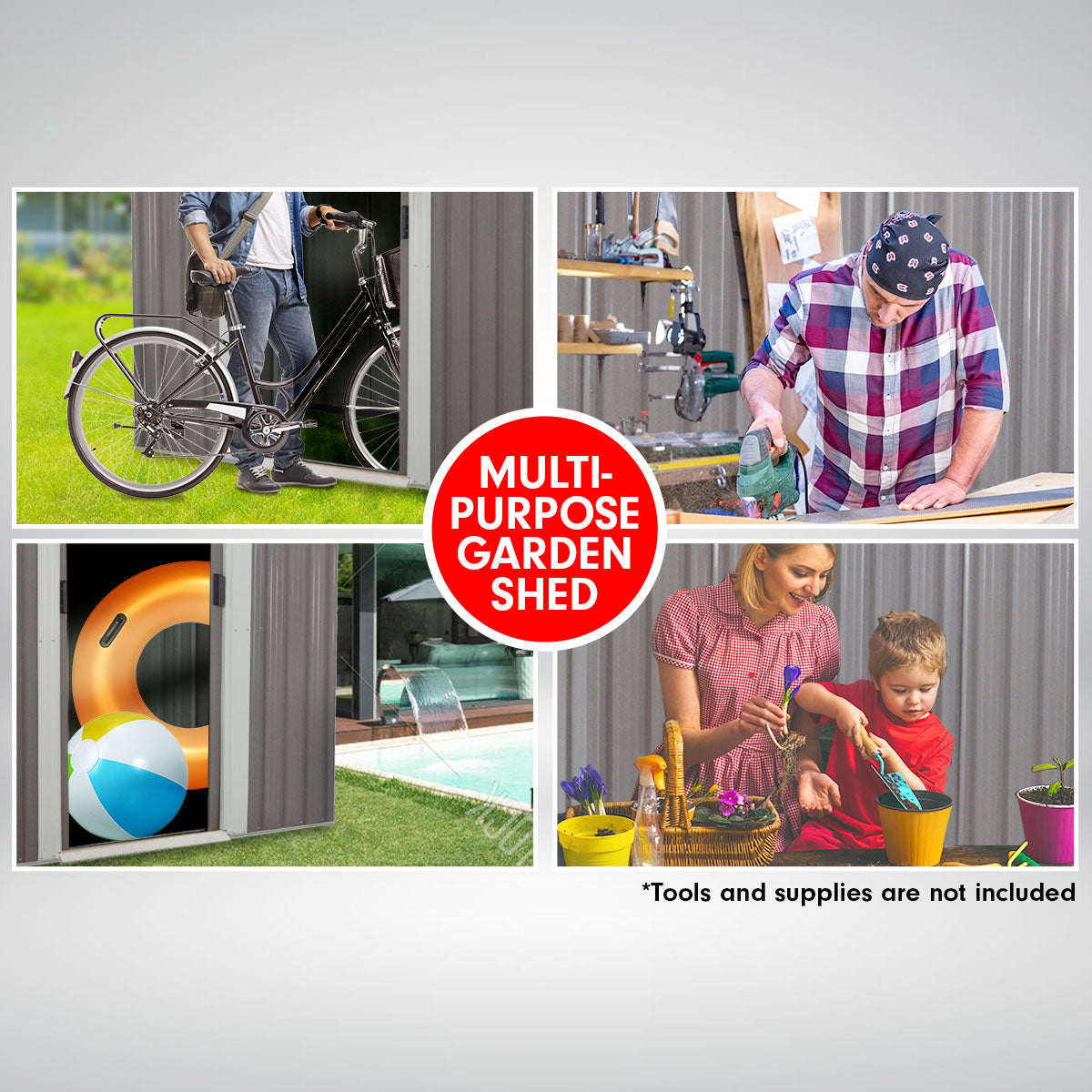 Grey outdoor storage shed shown in multiple garden-use scenes and activities