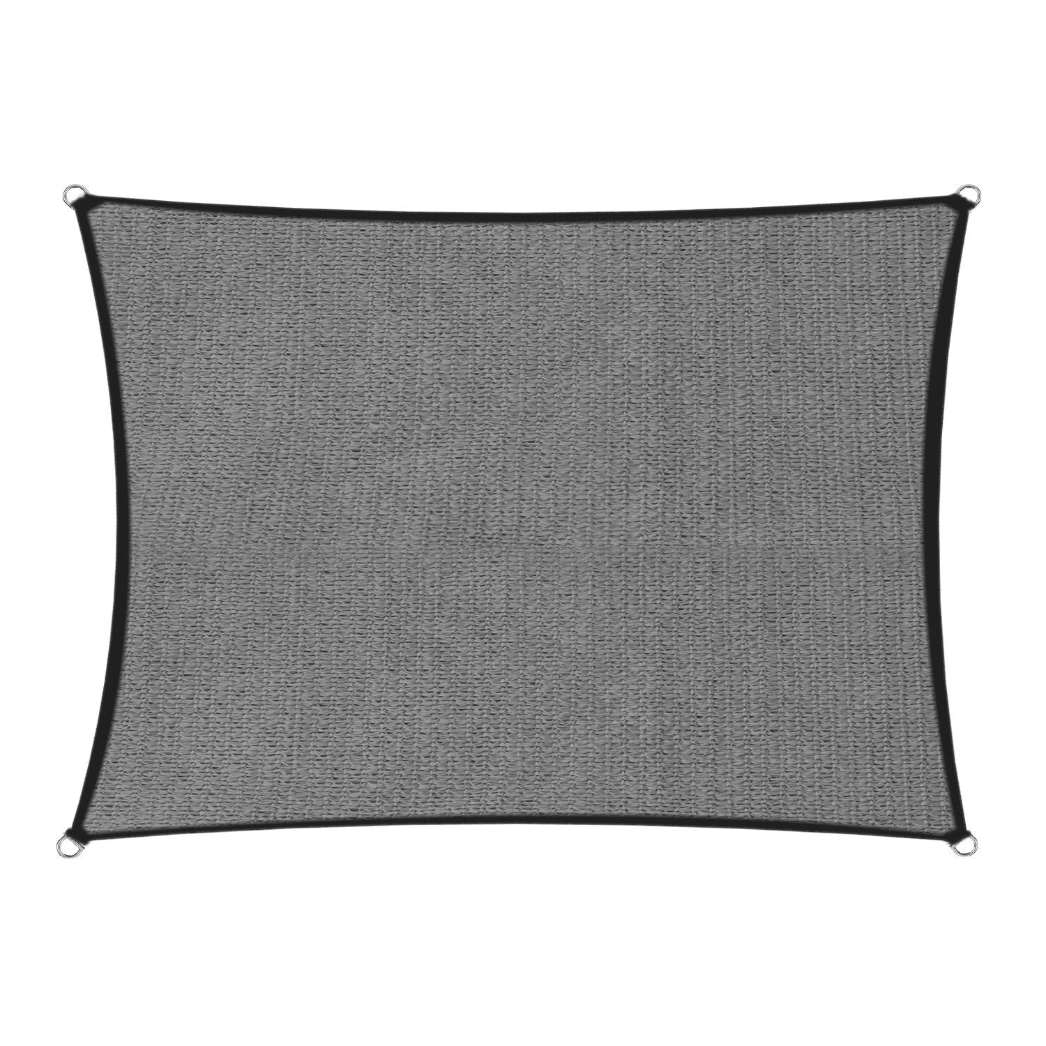 Outdoor sun shade sail canopy, grey fabric with corner grommets and reinforced edges.