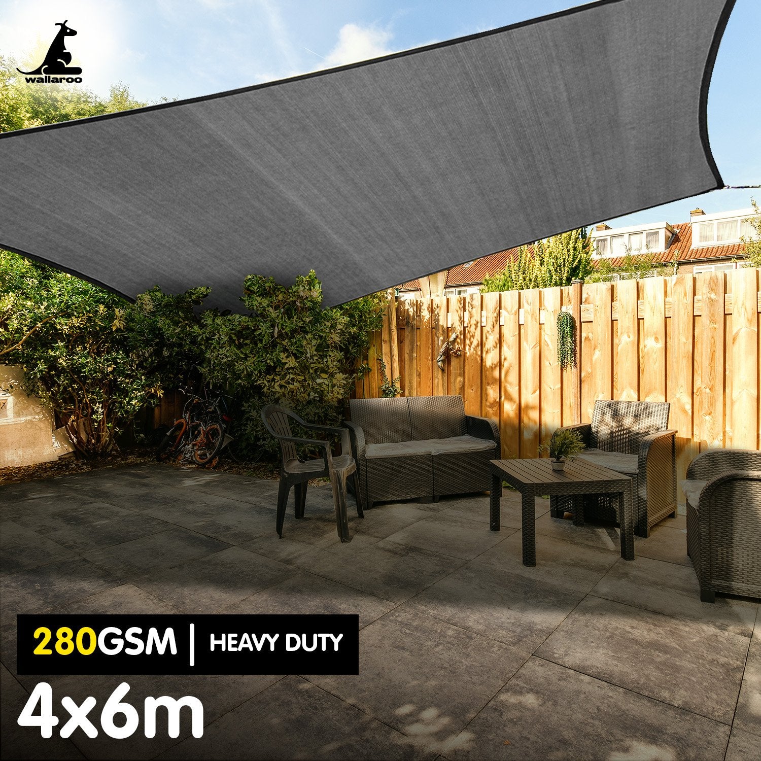 Grey outdoor sun shade sail canopy with metal corner grommets.
