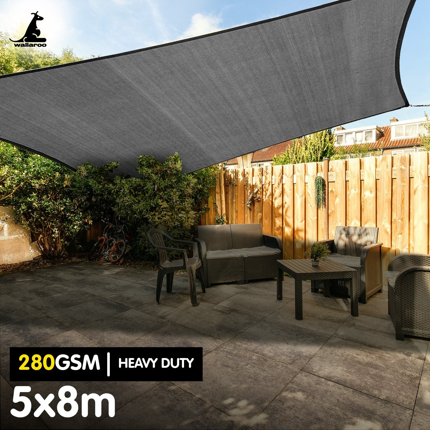 Grey shade sail canopy with stitched edges and corner attachment points