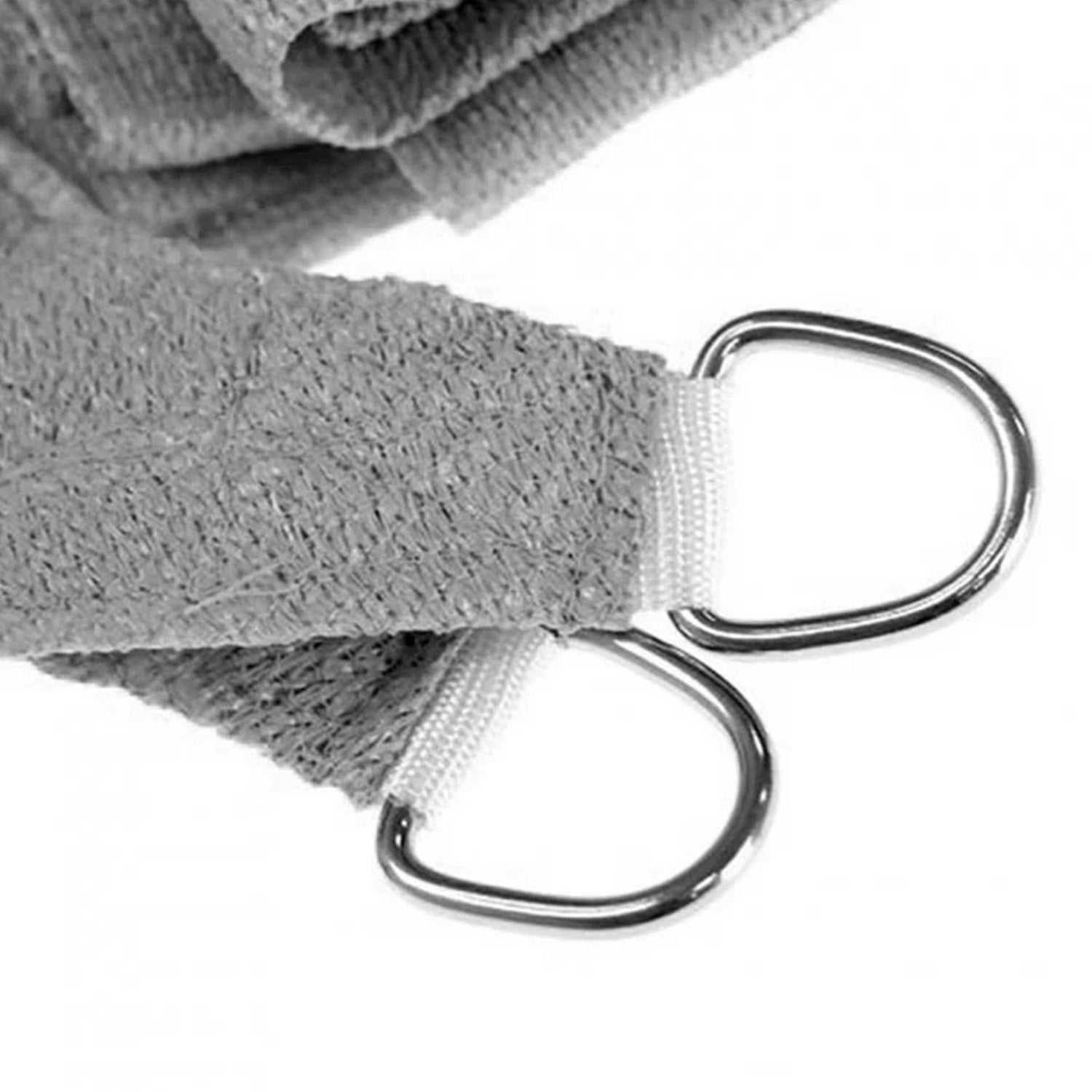 Grey sun shade sail corner with metal D-ring eyelets and reinforced webbing