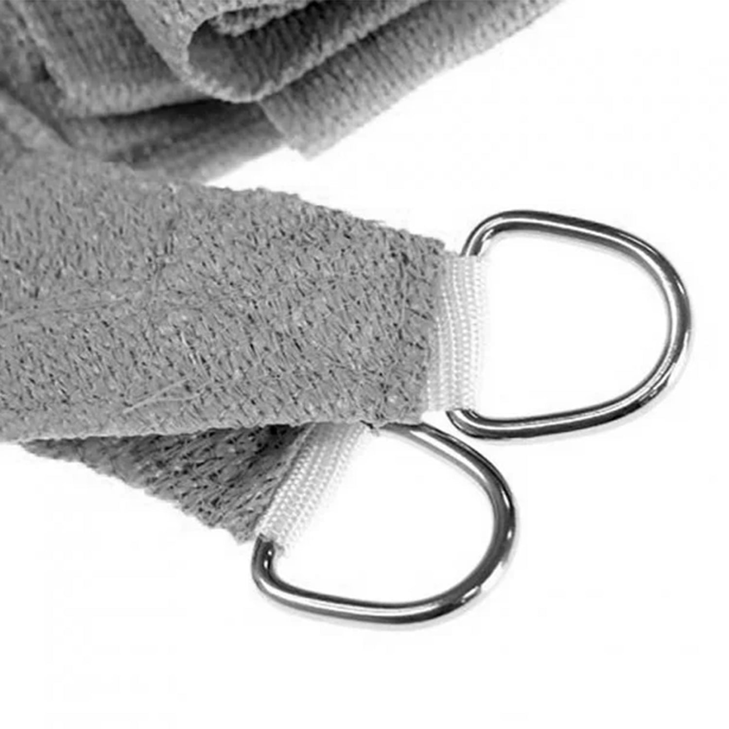 Grey shade sail webbing strap with stitched seam and metal D-rings