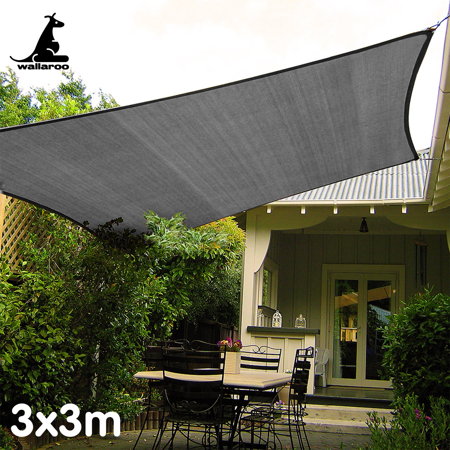 3x3m grey sun shade sail canopy with corner grommets, mounted overhead