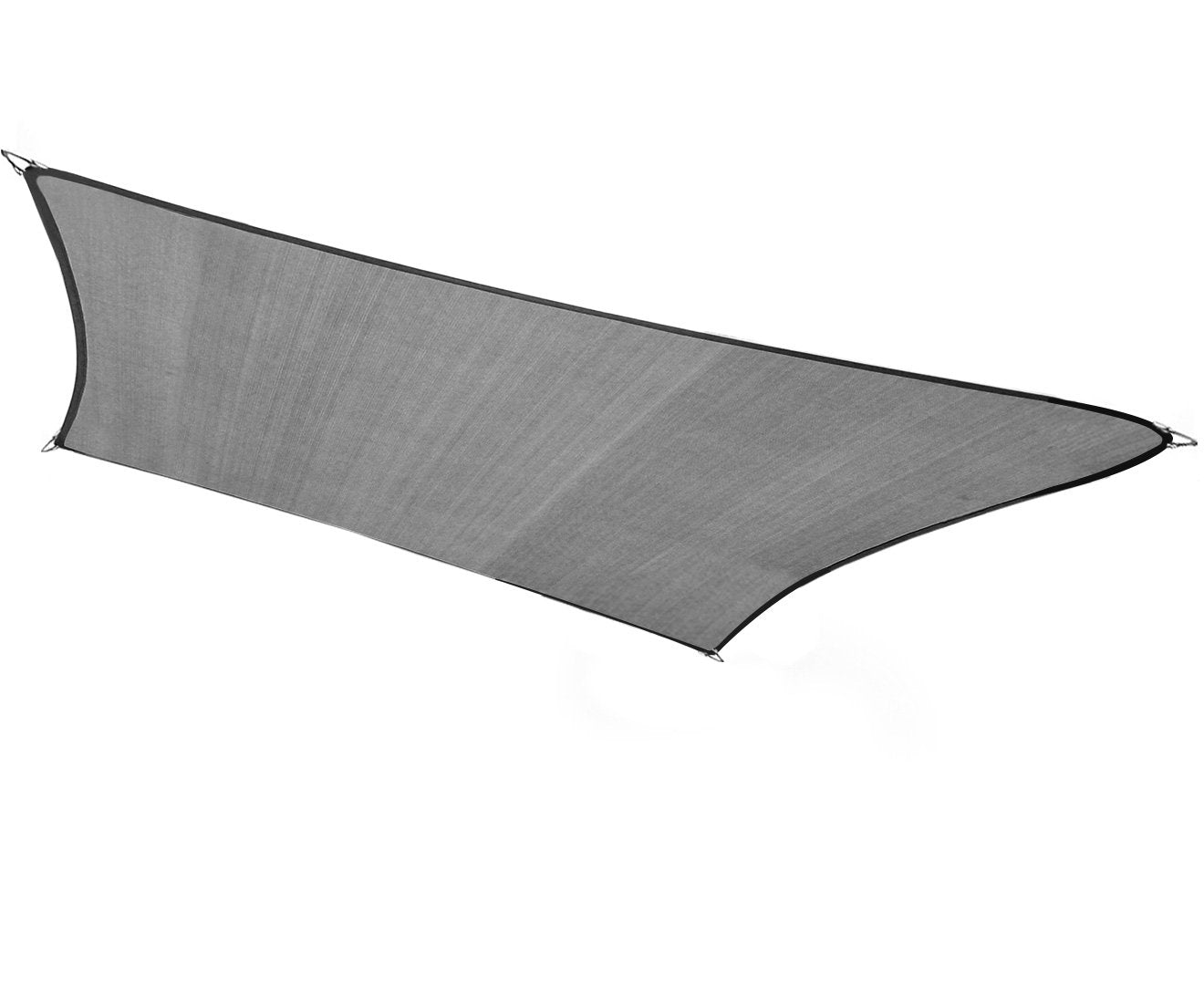Grey rectangular shade sail with black-edged hem and corner grommets