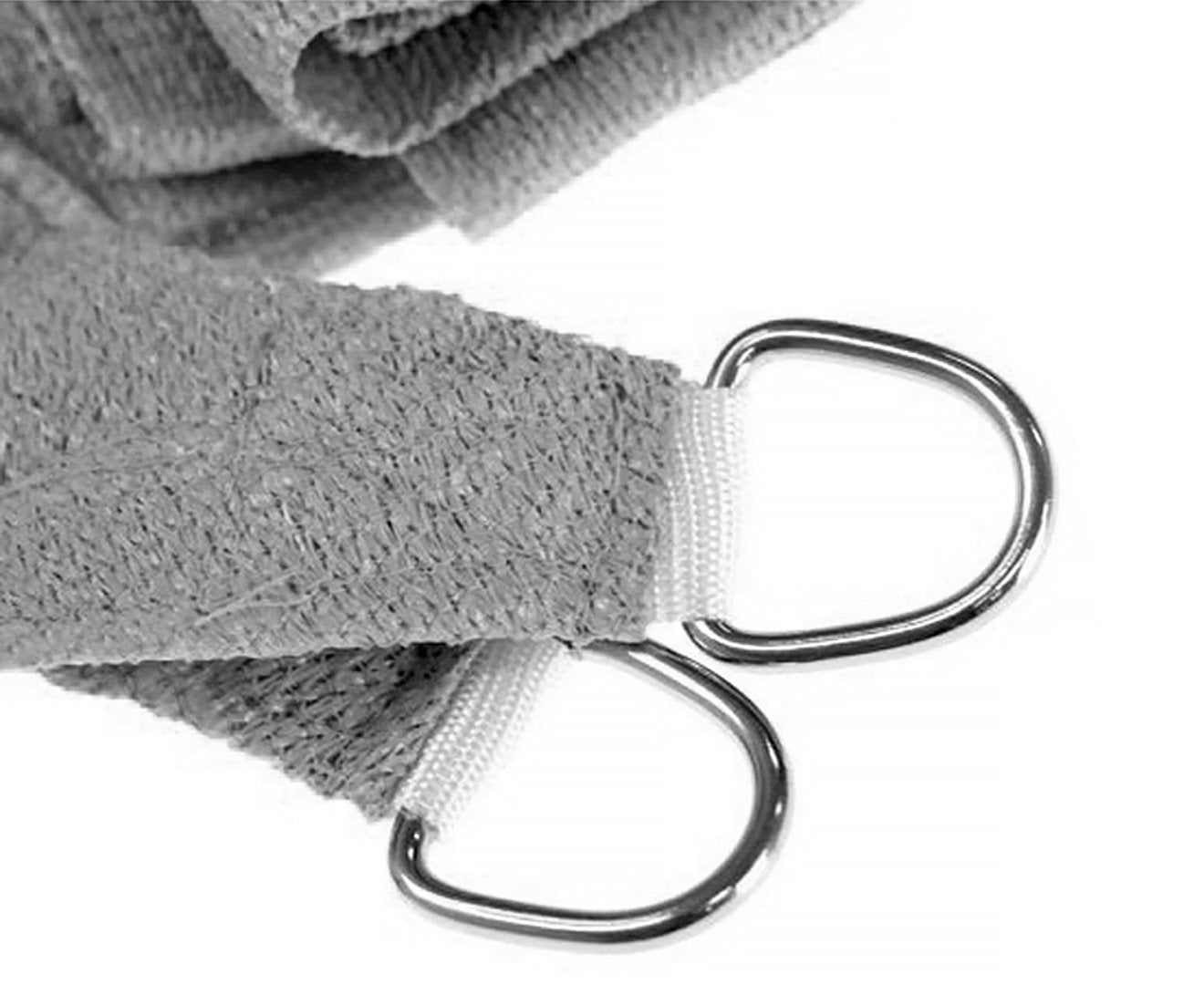 Grey shade sail corner with reinforced webbing and metal D-ring tie