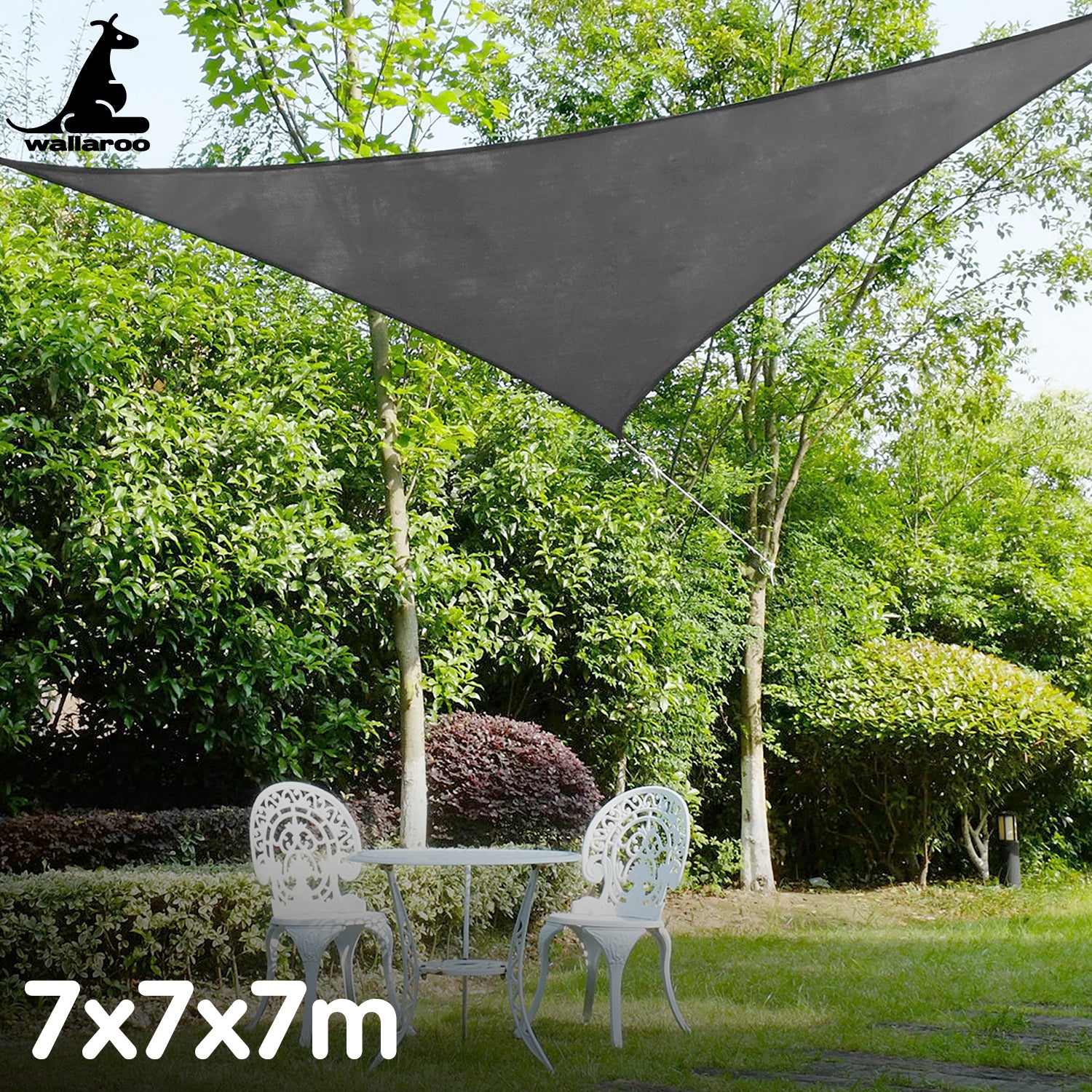 Triangular grey sun shade sail canopy 7x7x7m with D-rings and tie ropes
