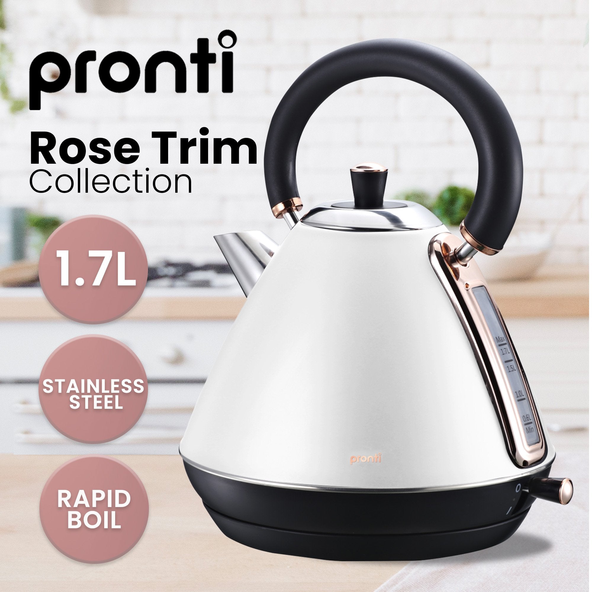 Pronti Breakfast Set with Rose Gold Kettle & Toaster with 1.2L Espresso Machine - White