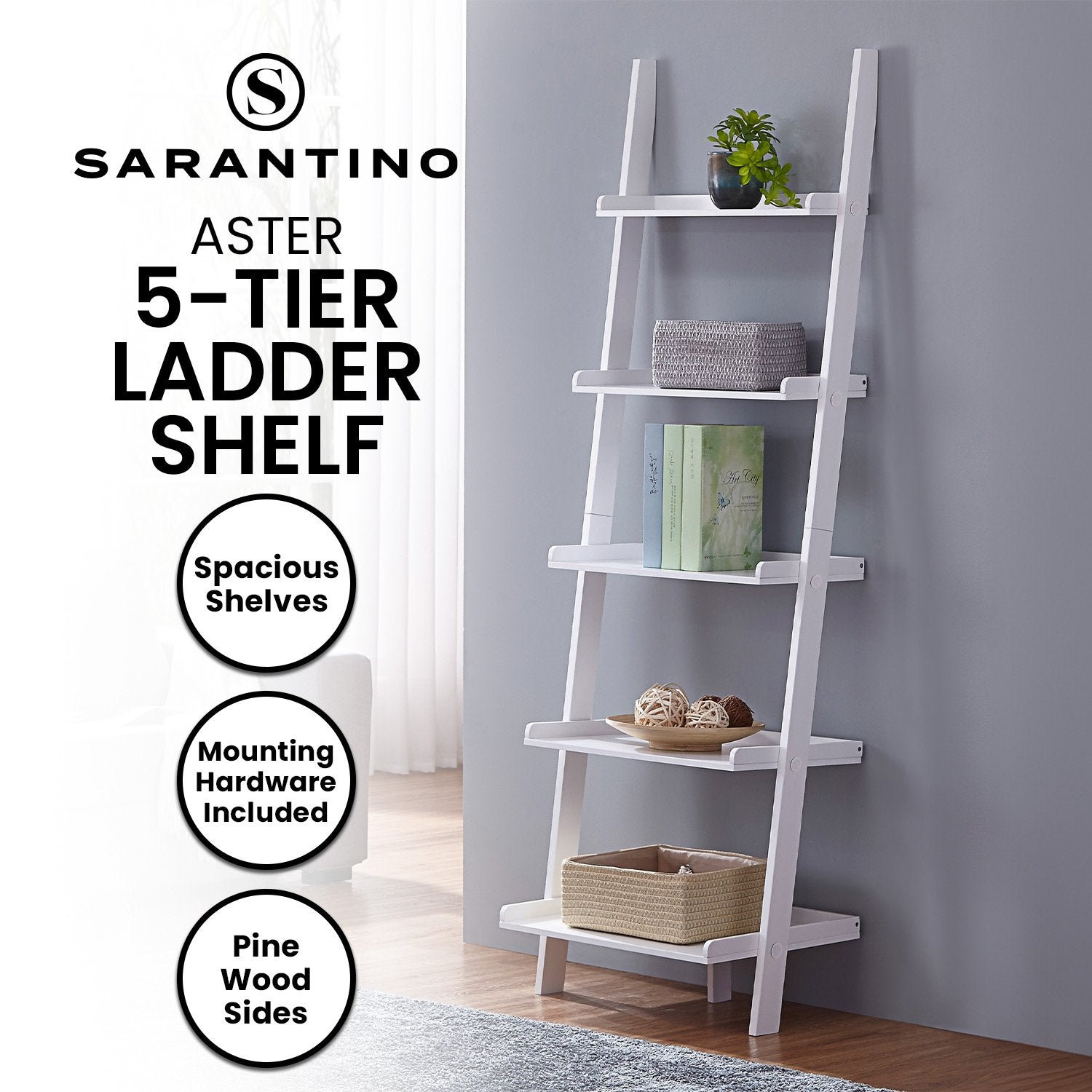 Sarantino Aster 5-Tier Ladder Shelf in White
