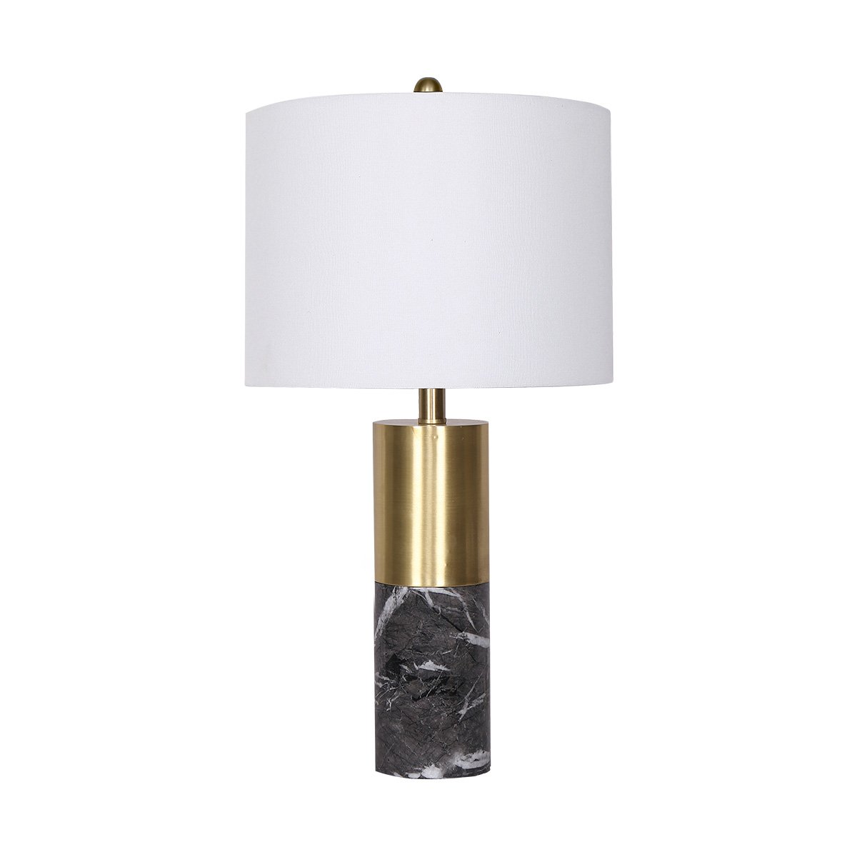 Table lamp with white fabric shade and brass metal column atop black marble base