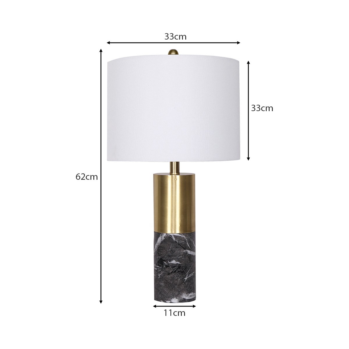 Table lamp with white shade and black marble base; dimensions 62cm tall