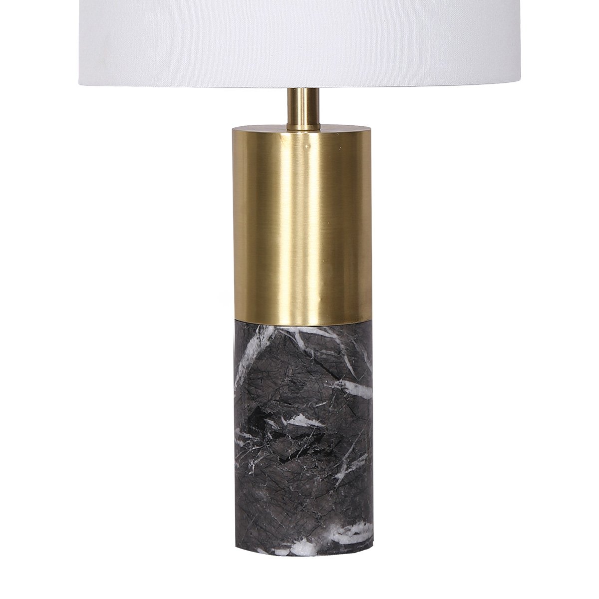 Table lamp with white shade, brass neck, and black marble base