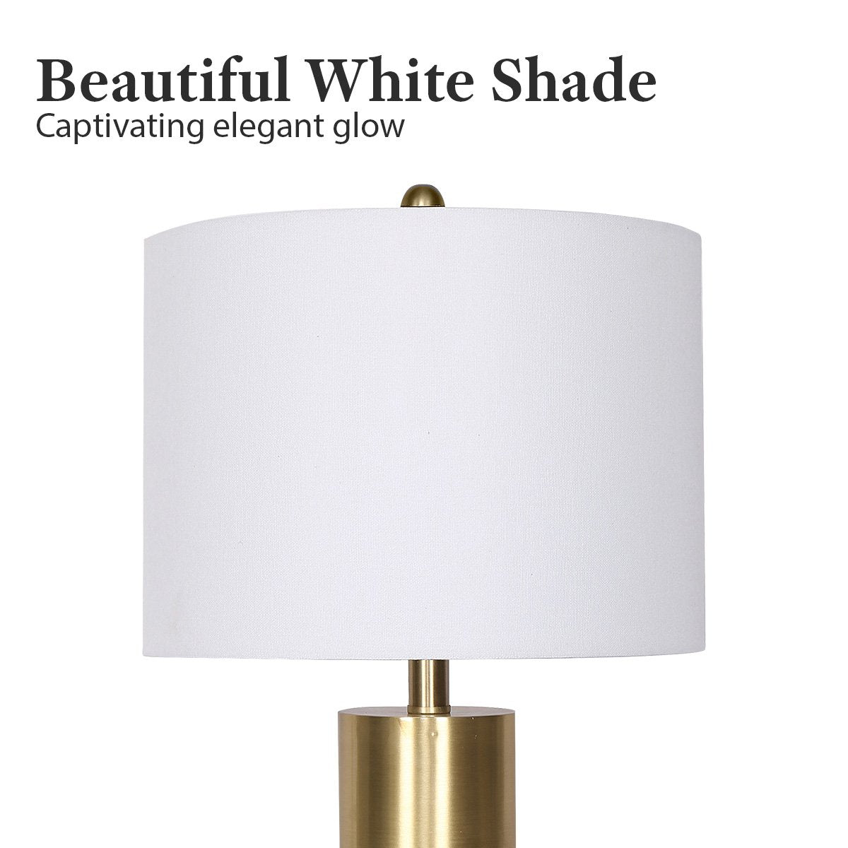 Table lamp with white fabric shade and brass metal neck