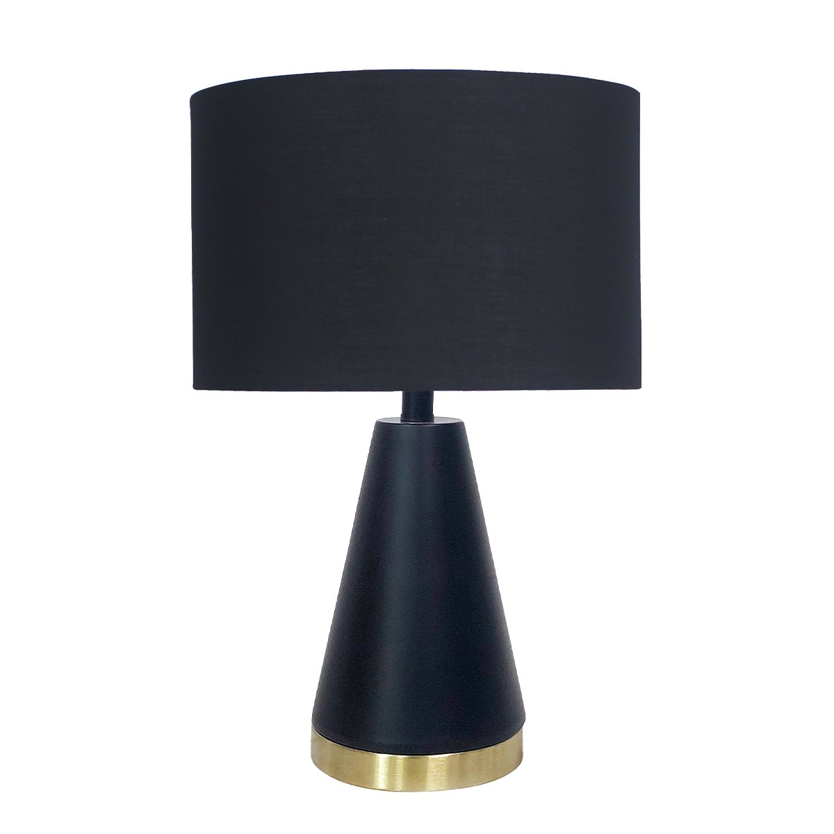 Black fabric drum table lamp with gold-trimmed tapered metal base.