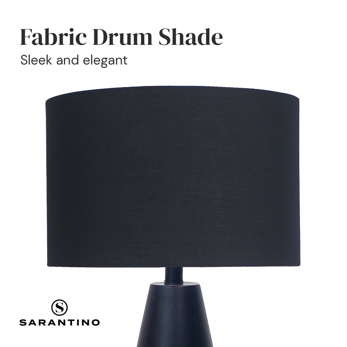 Black fabric drum shade with tapered metal base and gold trim.