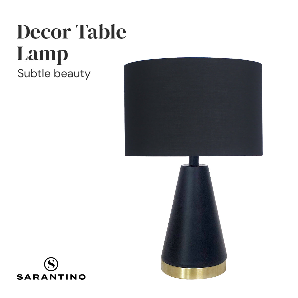 Black fabric drum table lamp with tapered metal base and gold rim.
